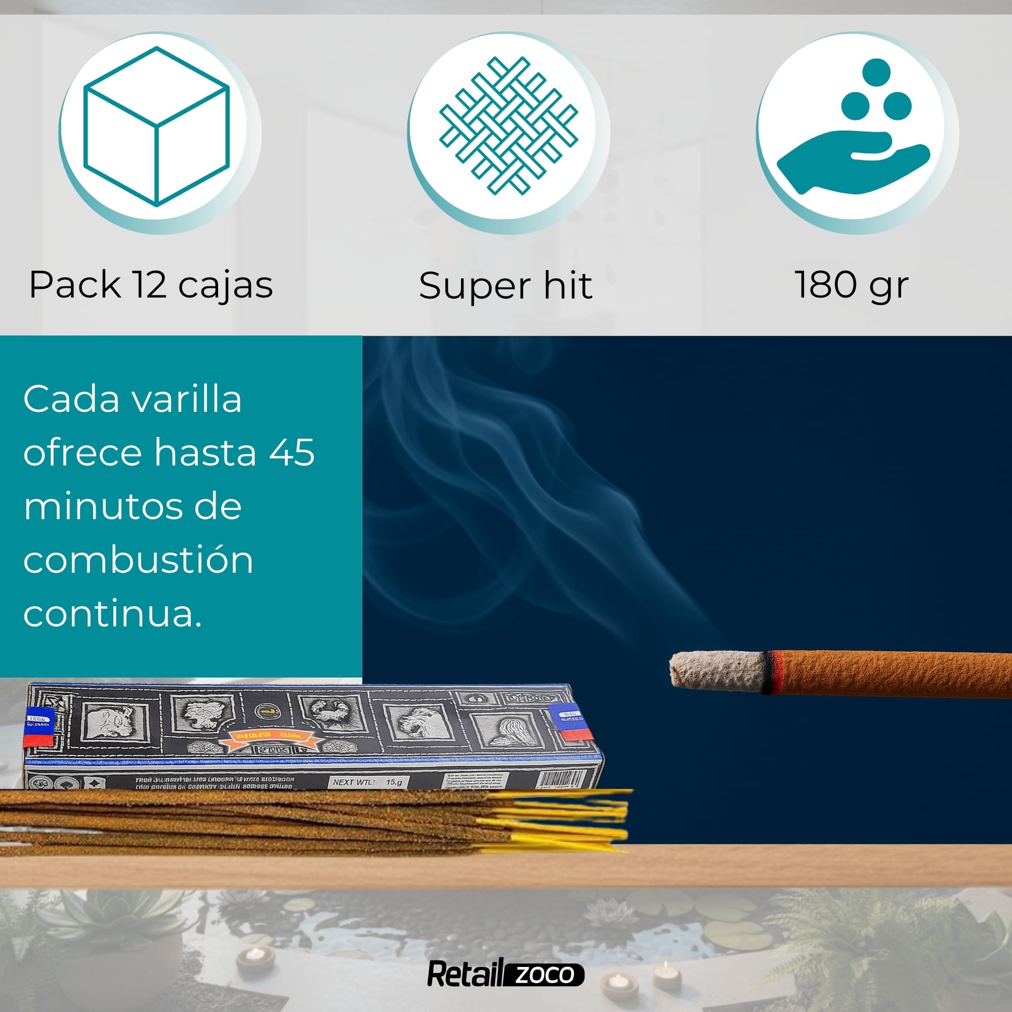 Varillas de Incienso, Incienso Super Hit, Original Enrollado a Mano de la India, meditación y relajación, Contiene 12 Cajas de Varillas de 15 g (180 Varillas en Total) - imagen 5