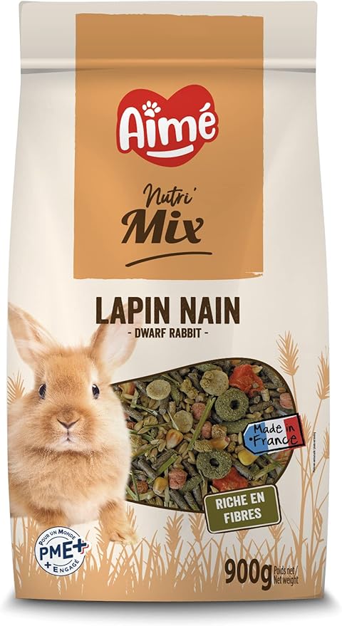 AIME- NUTRI'MIX- Nourriture pour Lapin Nain - Mélange varié Pour Aliment Complémentaire Lapin Nain - Contient des Fibres et des Vitamines - Sac de 900g