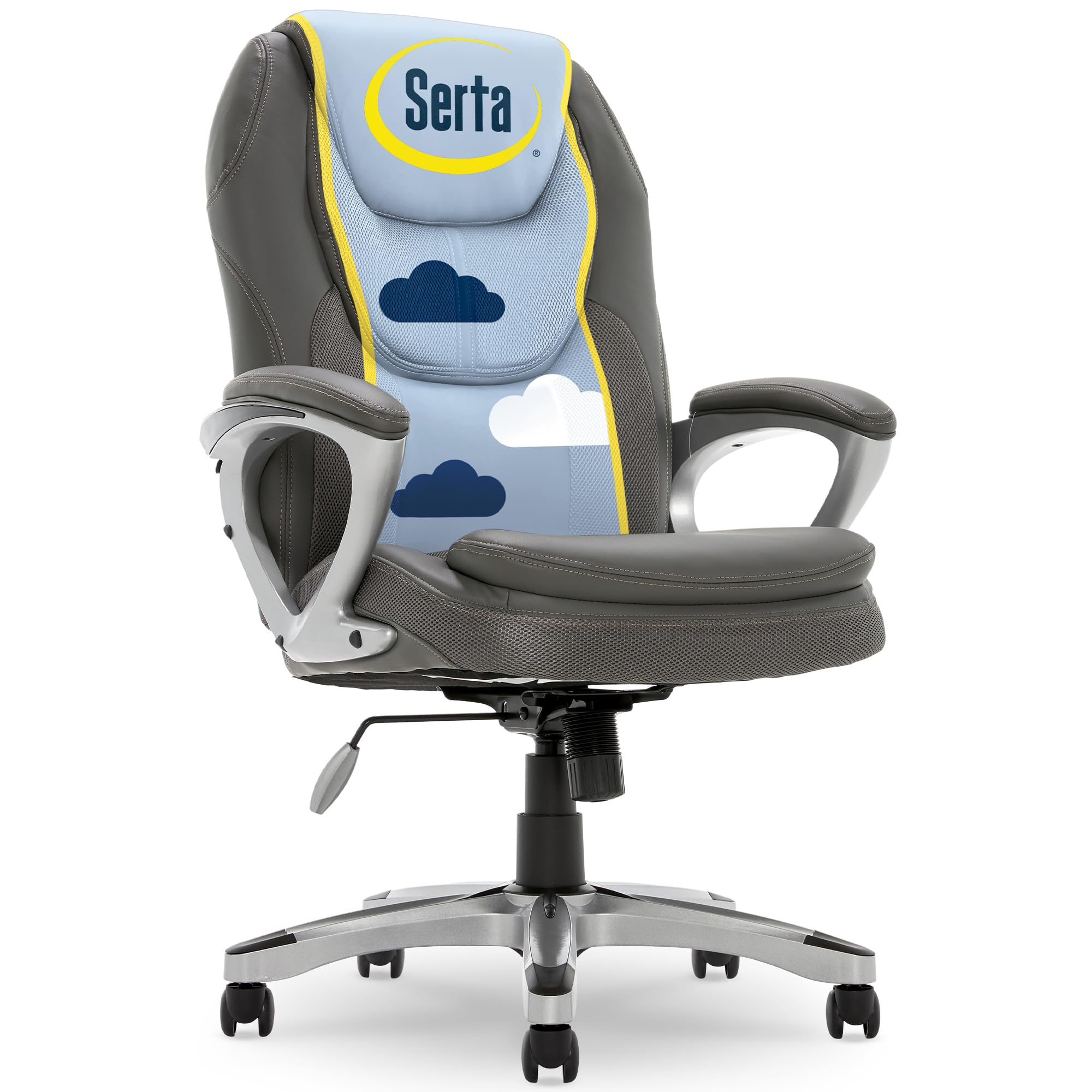 serta amplify executive office chair with faux leather and mesh, adjustable ergonomic comfy seat with lumbar support, modern computer deskchairs, swivel rolling wheels, duo gray