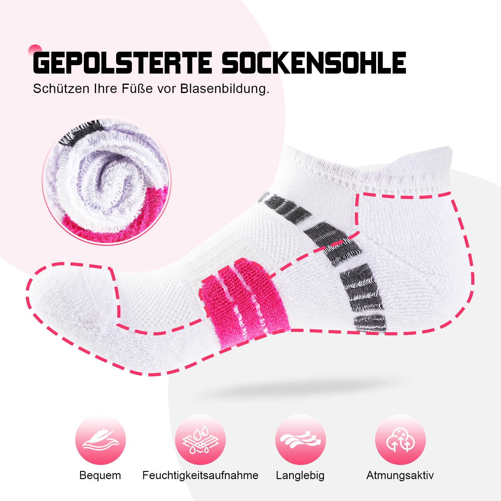Calcetines de Deporte Mujer Antiampollas Transpirables con Soporte Acolchado, Calcetines Tobilleros para Running, 6 Pares