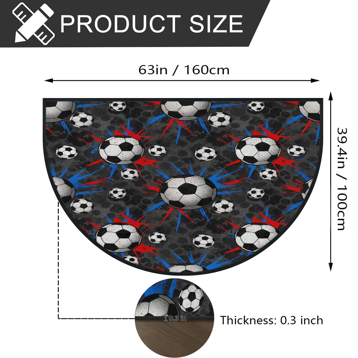 Große halbrunde Fußmatte, Fußball, Sport, rutschfest, saugfähig, halbrund, Eingangsbereich, niedlich, weich, halbrund, waschbar, Teppich für Küche, Badezimmer, Schlafzimmer, 160 x 100 cm
