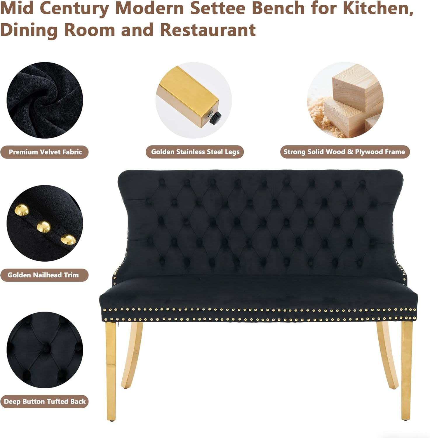 mikibama Luxury Settee Dining Bench with Back,Velvet Upholstered Banquette Benches with Nailhead Trim,Button Tufted Small Loveseat Sofa Couch Booth Seating for Small Spaces(Black Gold)