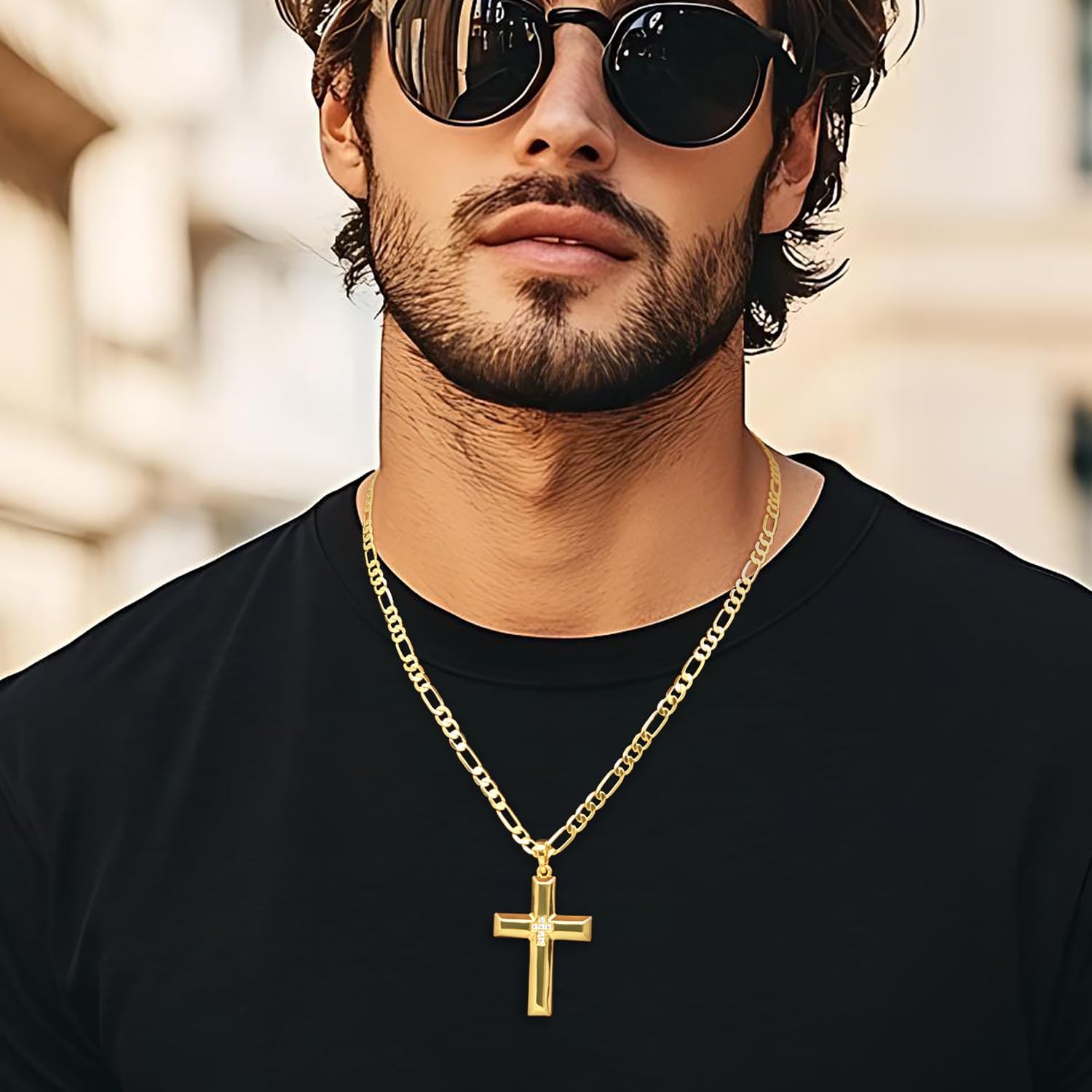 Cross Necklace for Men Gold Cross Necklace for Men 14K Gold Crosses Figaro Chain Pendant for Mens Crosses Necklaces Broad Subtle Sparkle with Cubic Zirconia Necklaces for Mens Chain 20/22/24 inches