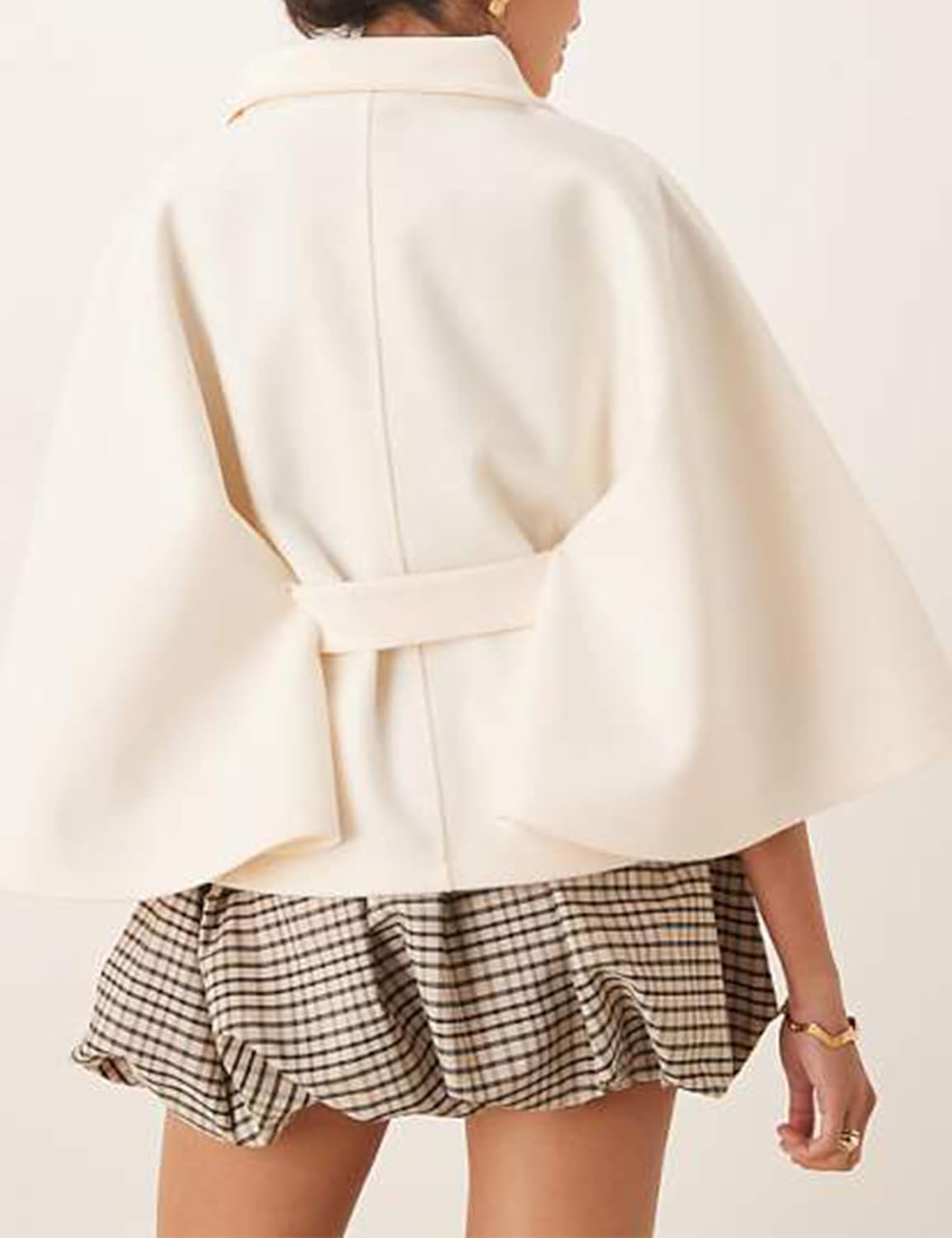 OPCAKM Women's Batwing Sleeve Poncho Coat Oversized Winter Pea Coat Stand Collar Cropped Cape Jacket with Belt - Image 3