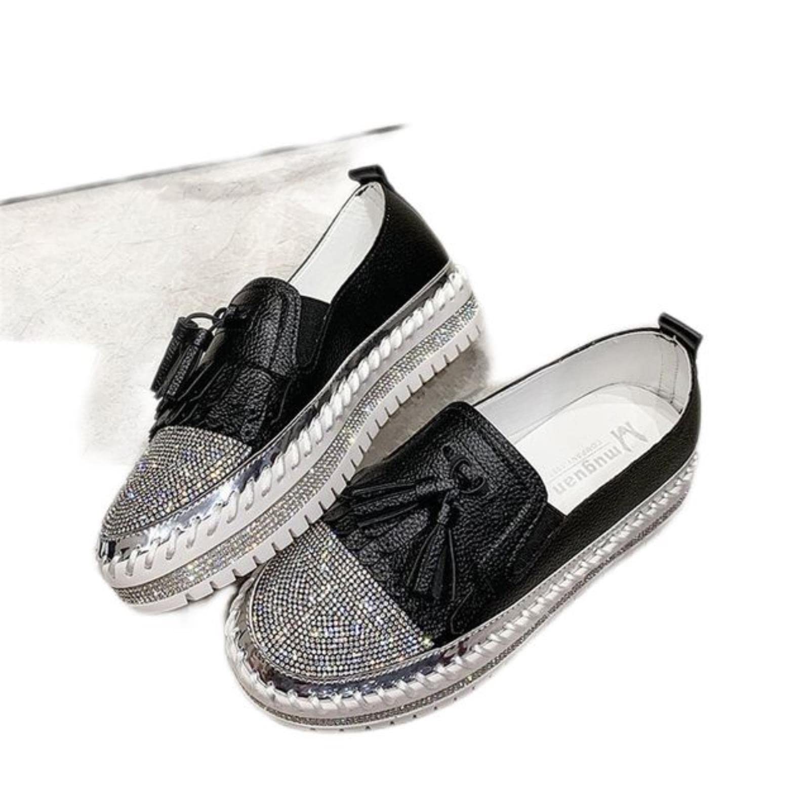 Big Szie 43 zapatos planos de lujo con cristales de punta redonda para mujer, plataforma de flecos con borde rosa, estilo casual para mujer con diamantes de imitación