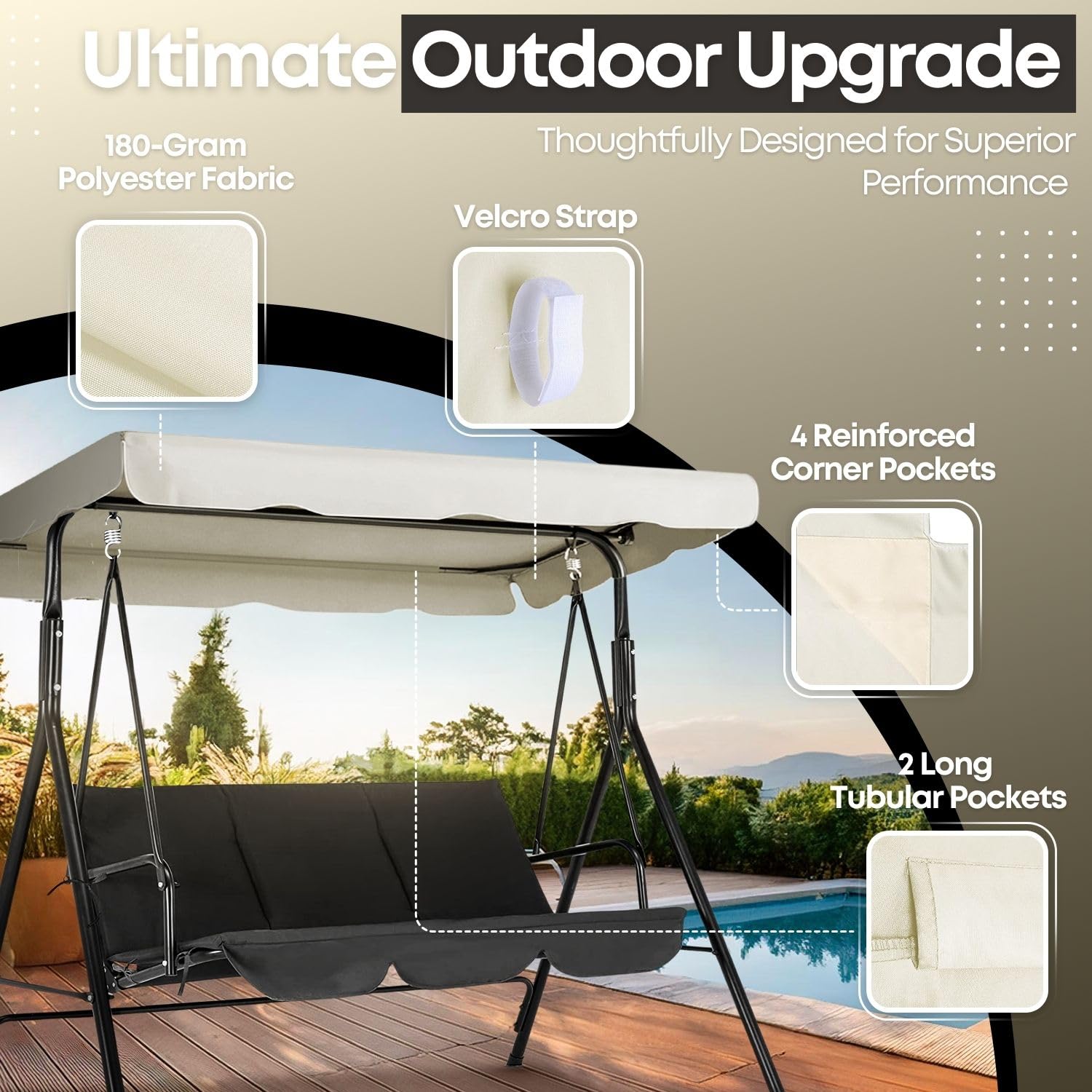 Flexzion Baldachim do huśtawki na patio, do huśtawki, biały, 168 x 114 cm, 2-osobowa, huśtawka, abażur u góry, tkanina, odporna na działanie promieni UV, wodoodporna, do ogrodu, na patio, podwórko, park, werandę, meble do siedzenia