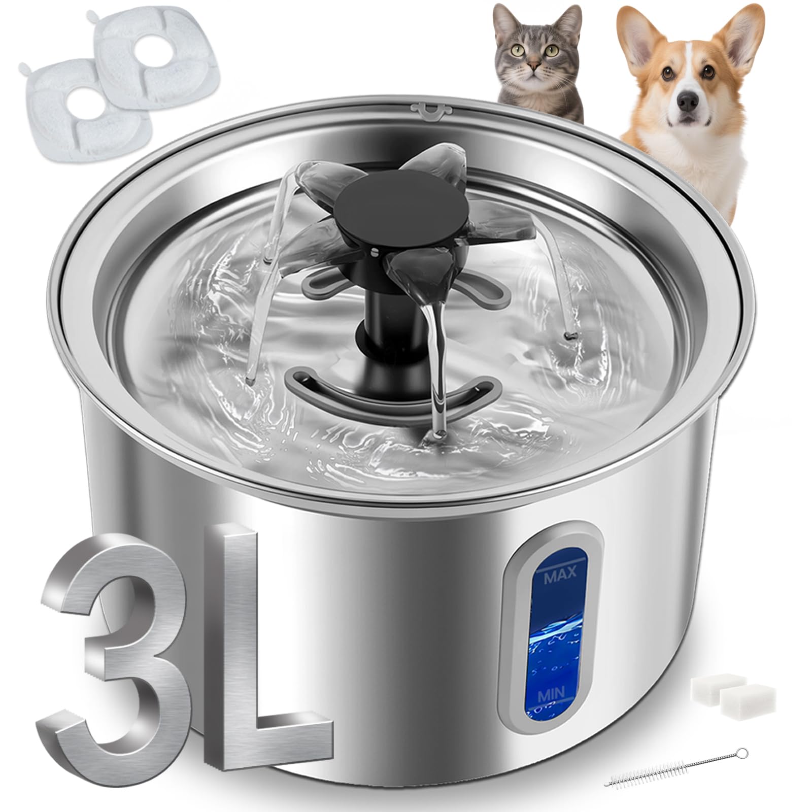 3L/101oz Stainless Steel Cat Water Fountain for Indoor Use (Includes 2 Filters) and 15 Pack Cat Water Fountain Replacement Filters - image 2