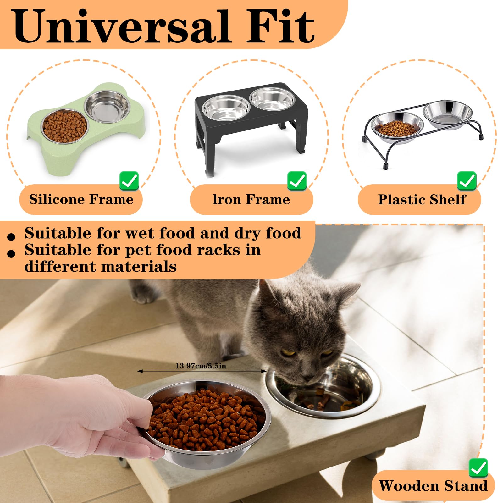 12 PCS Stainless Steel Cat Bowls, 5.5 Inch Metal Cat Bowls, Replacement Elevated Food Water Bowls for Indoor Kitten, Whisker Fatigue Relief Shallow Food Metal Dish for Stray Cats