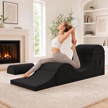 Mjkone Corduroy Yoga Chair for Adult, Chaise Lounge Chair Indoor with Side Pockets, Headrest, Waist Cushion, Movable Footrest, Curved Yoga Sofa for Relaxation Stretching for Bedroom, Dark Grey