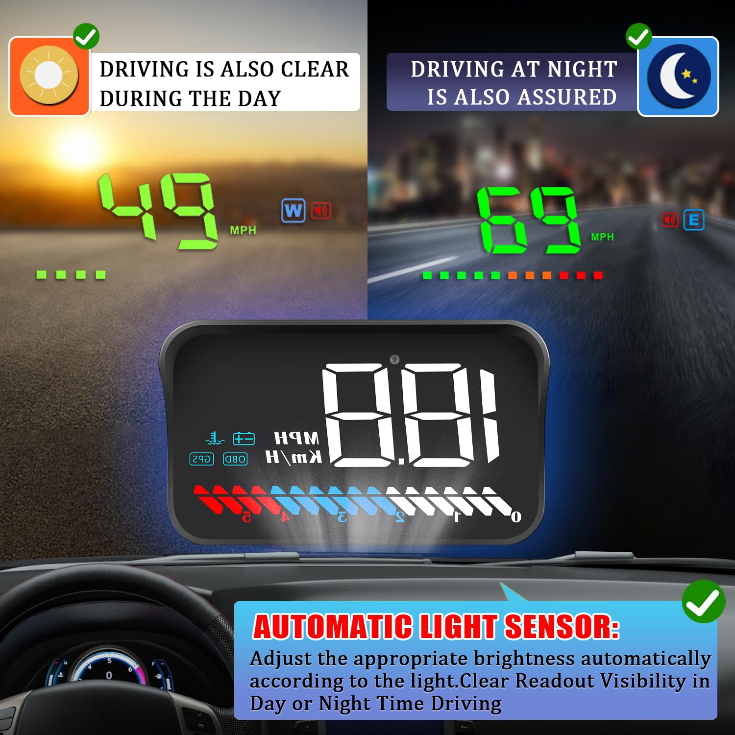 Wyświetlacz HUD samochodowy OBD2 i HUD Wyświetlacz podwójny GPS, prędkościomierz samochodu Tachometer temperatury wody Alarm bezpieczeństwa silnika dotyczący wszystkich pojazdów