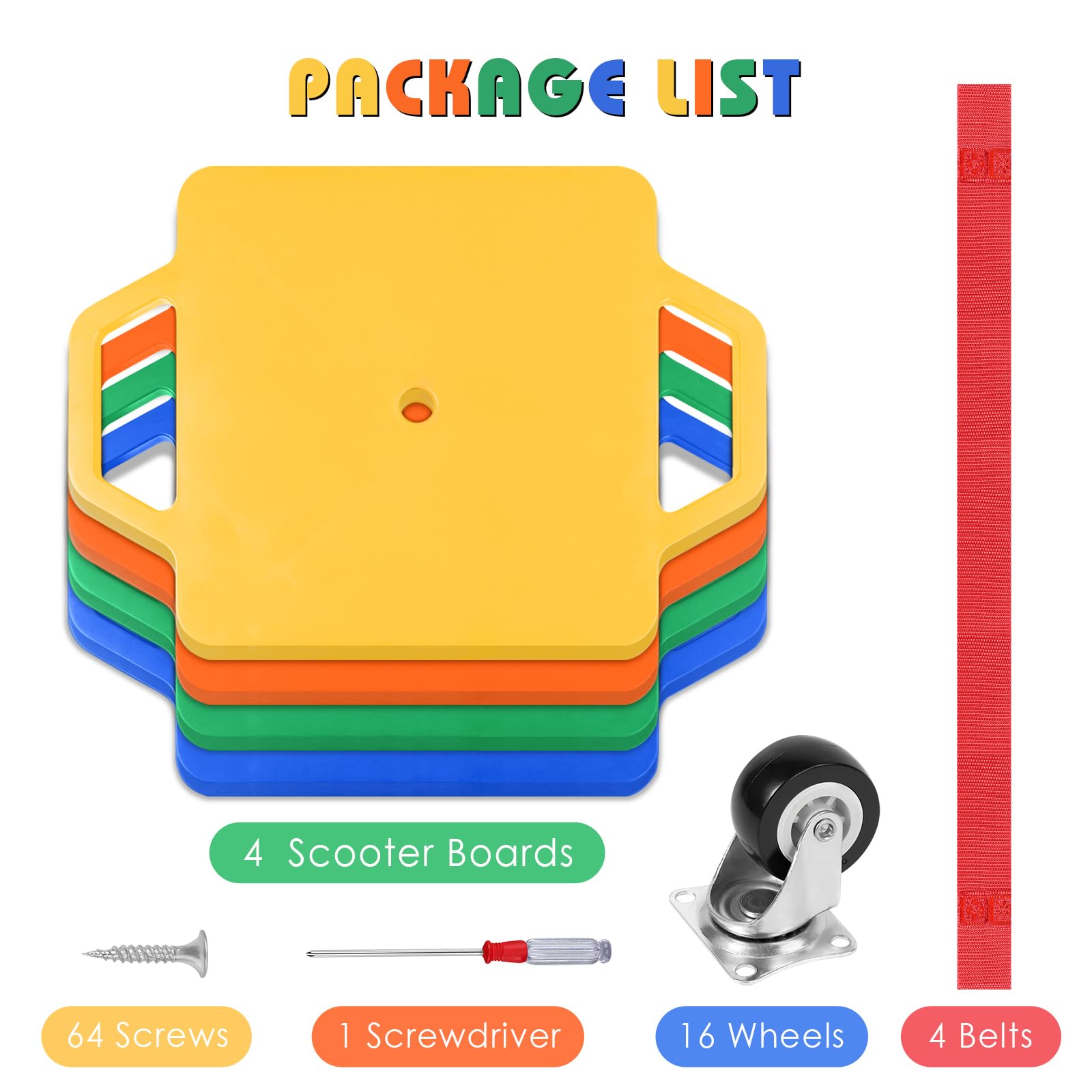 4 Scooter Boards with Handles for Kids Sitting, Floor Scooters Gym Scooters Set with Ropes for School Gym Activities and Indoor Outdoor Play