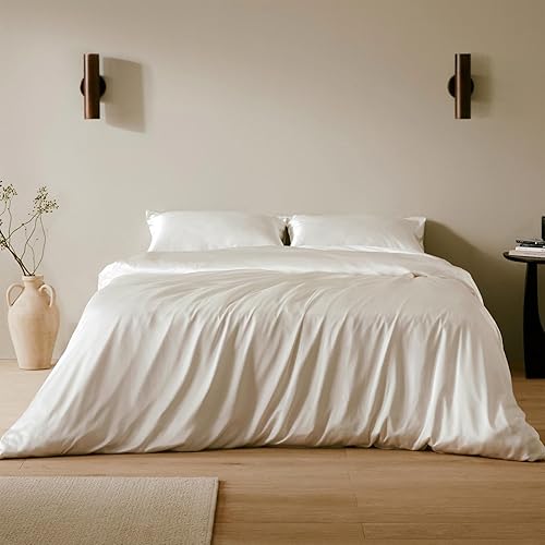 LilySilk 4PC Silk Fitted Sheet Set, 19 Momme Silk Bed Sheets, 1 Flat Sheet, 1 Fitted Sheet and 2 Oxford Silk Pillowcases, Silk Bedding Set 100% Top 6A Grade, Ivory, Queen Size