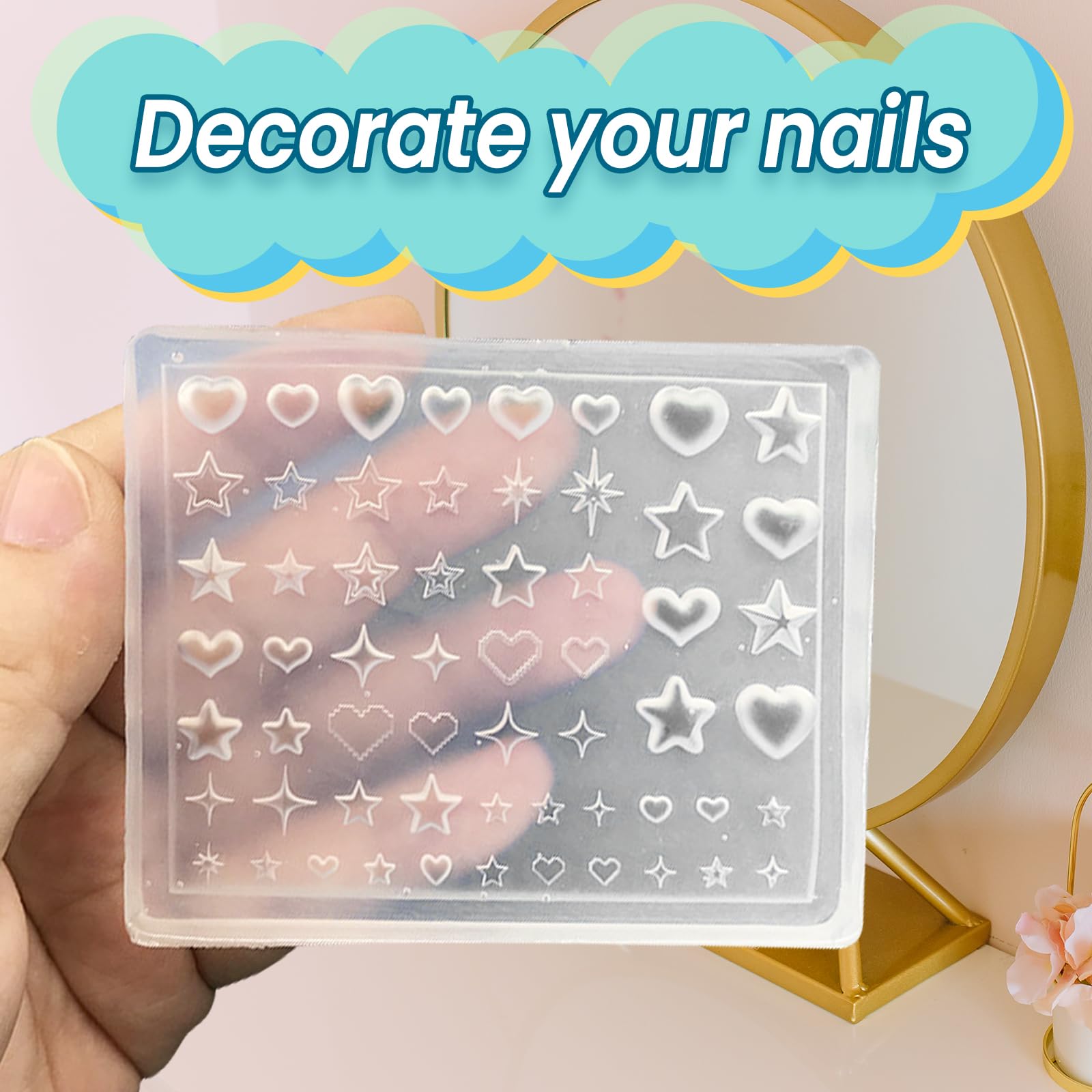 Plantillas de Uñas Y2k Corazón Estrellas Starburst, Molde de Silicona Arte Uñas Francesas