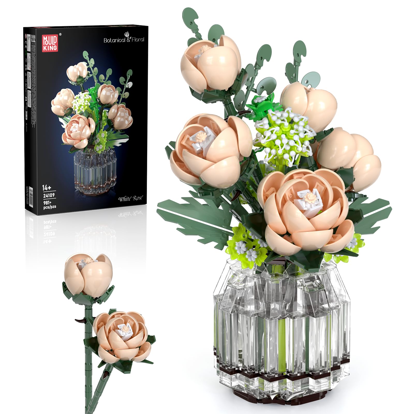 Mould King 24109 Klemmbausteine Blumen Rosa Rosen Blumen Bausteine mit Vase Pflanzen Bausteine Botanical Collection Geschenk für Erwachsene (981 Teile)