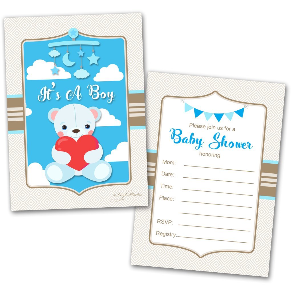 Leigha Marina It's a Boy Baby Shower Invitation Cards, 20 Cards with Envelopes, Teddy Bear Baby Shower Invites, Party Invitations, Baby Shower Invitations for Boys, Baby Shower Cards