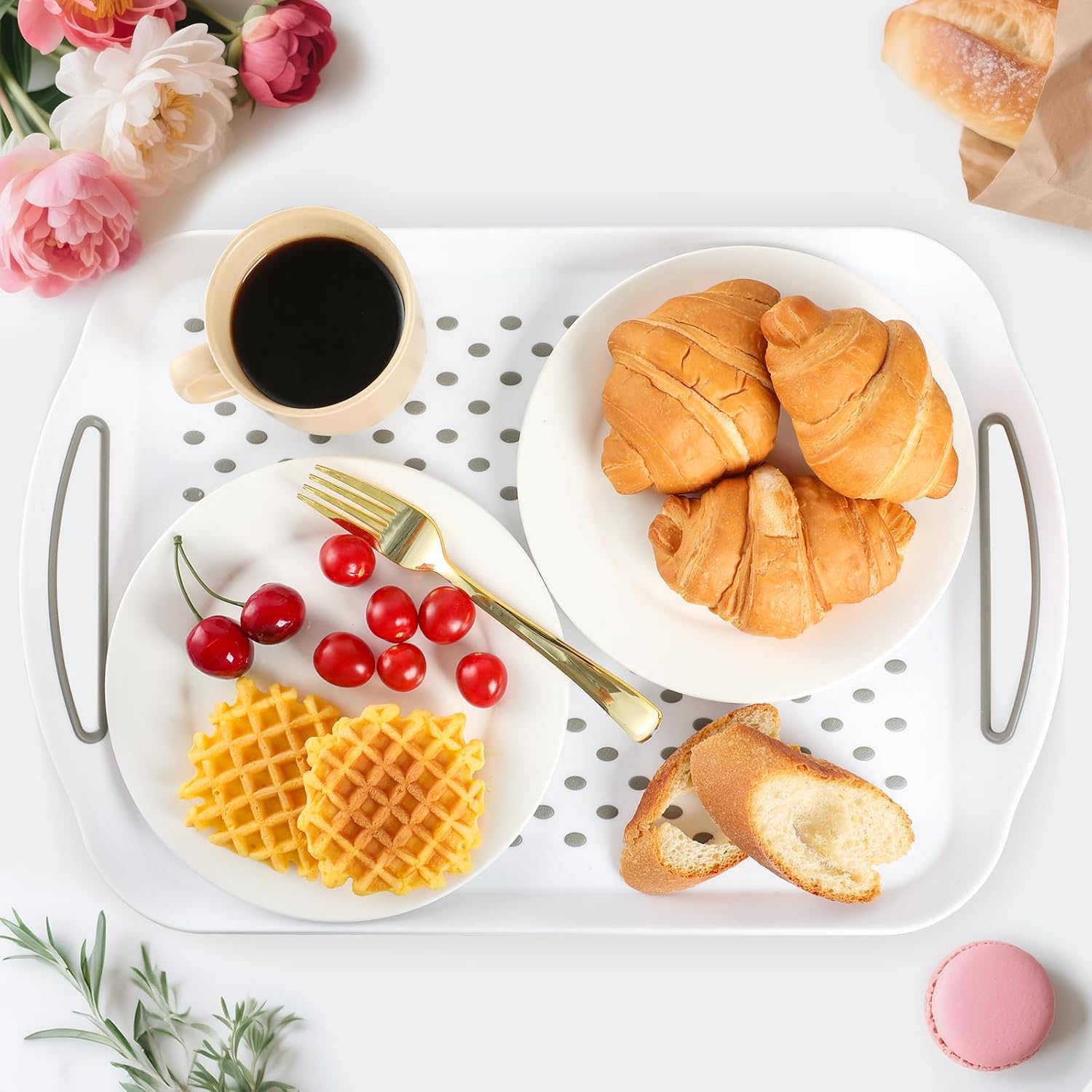 Large Non-Slip Serving Tray with Handles - Suitable Serving Tray, Food Tray, Trays for Serving Food,Serving Platters - an Ideal Dining Choice, White - 2 Pack