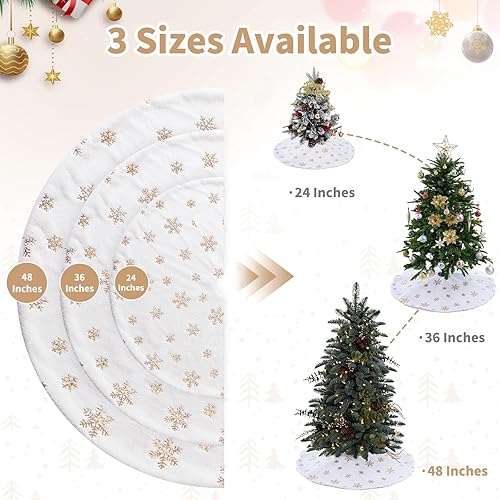 Miniatura 3 de Falda de árbol de piel sintética blanca con copos de nieve de lentejuelas doradas, faldas de árbol de 24 pulgadas, mini faldas de árbol de felpa