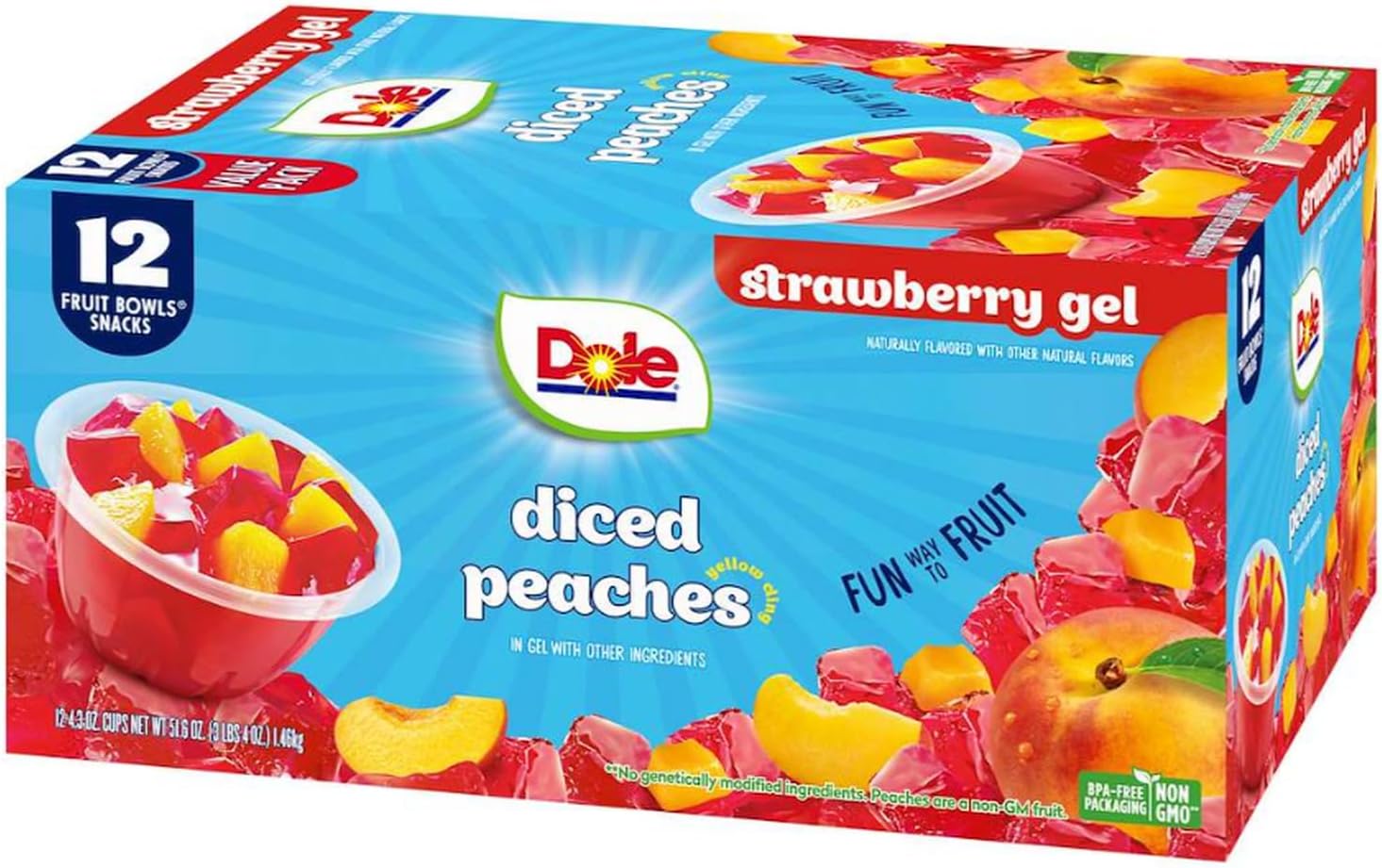 Dole Fruit Bowls Peaches in Strawberry Flavored Gel Snacks, 4.3oz 12 Total Cups, Gluten & Dairy Free, Bulk Lunch Snacks for Kids & Adults | In Strawberry Flavored Gel Snacks, Gluten & Dairy Free, Bulk Lunch Snacks for Kids & Adults