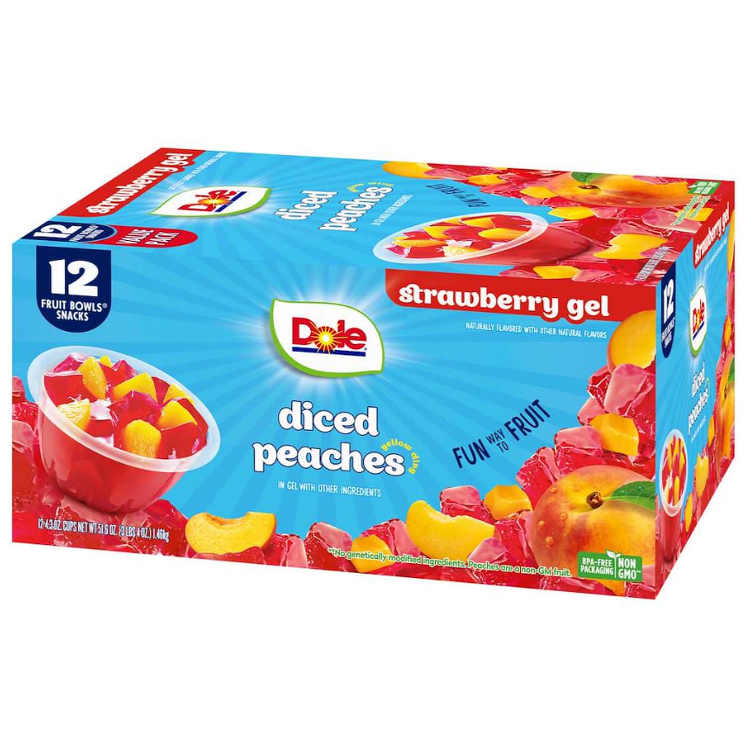 Dole Fruit Bowls Peaches in Strawberry Flavored Gel Snacks, 4.3oz, 12 Cups