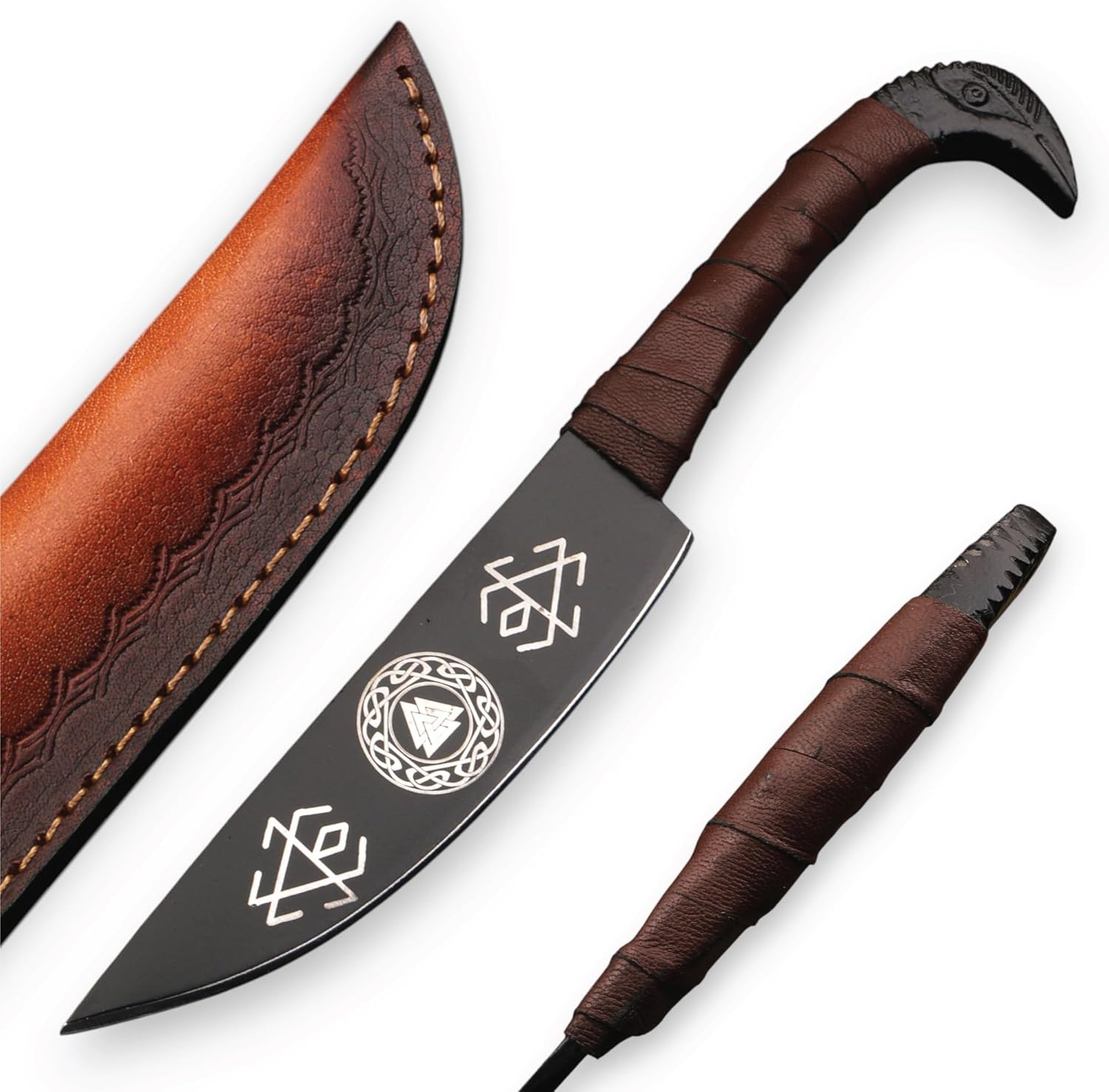 Viking Raven Hunting Knife 9.5" – High Carbon Steel Fixed Blade with Black Powder Coated Finish, Norse Engraved Survival Knife, Leather Wrapped Handle & Cowhide Sheath for Camping, Fishing & Bushcraft