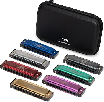 JDR Harmonica Set of 7 Key of C D E F G A and Bb 10 Holes 20 Tones Blues Harp Diatonic Mouth Organ Armonica with EVA Protective Case for Adults Beginner and Professionals Gift Colorful