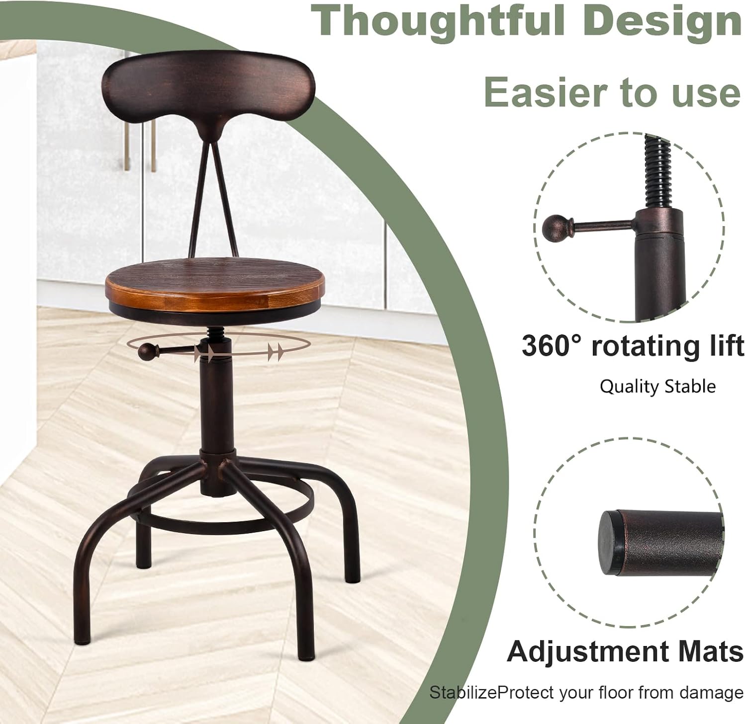Topower Home Kitchen Stool, Industrial Counter Stool, Height Adjustable Swivel Bar Stools Indoor House Design with Iron Backrest Copper Set of 2