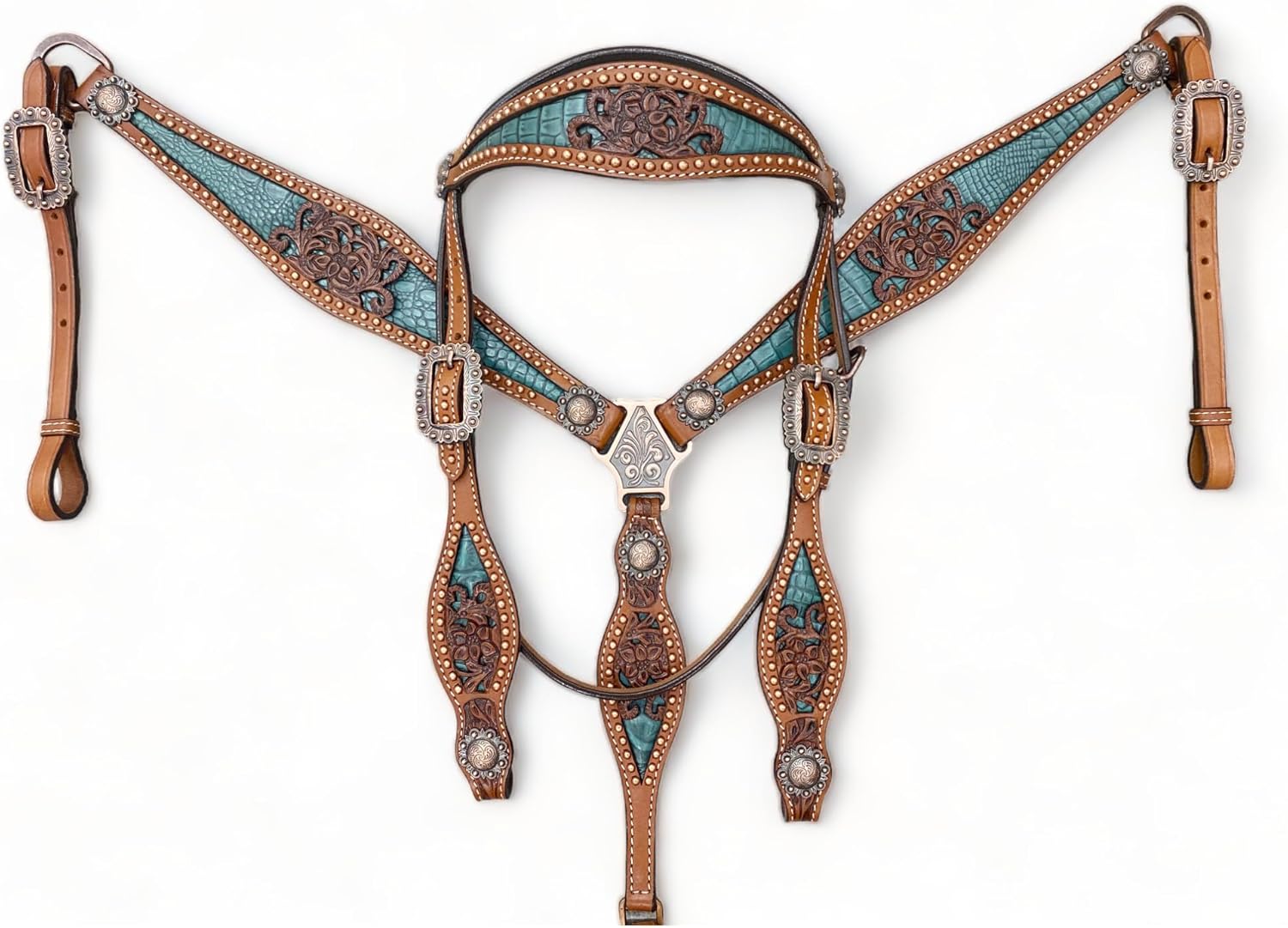 Argentina Cow Leather Equestrian Headstall, Breast Collar, Wither and Spur Straps Set (Headstall Set Only)