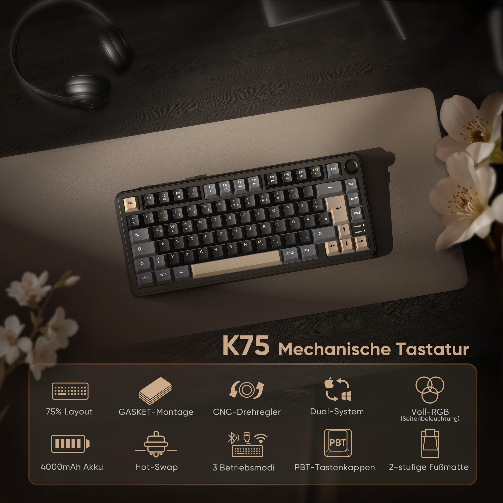 RedThunder K75 Wireless Mechanical Gaming Keyboard, QWERTZ 81 Keys, RGB, Five Layer Padding Structure, BT/USB-C/2.4GHz, Hot-swap, 4000mAh, Gaming Keyboard for Windows, Mac, Xbox, PS4 PS5 - 3