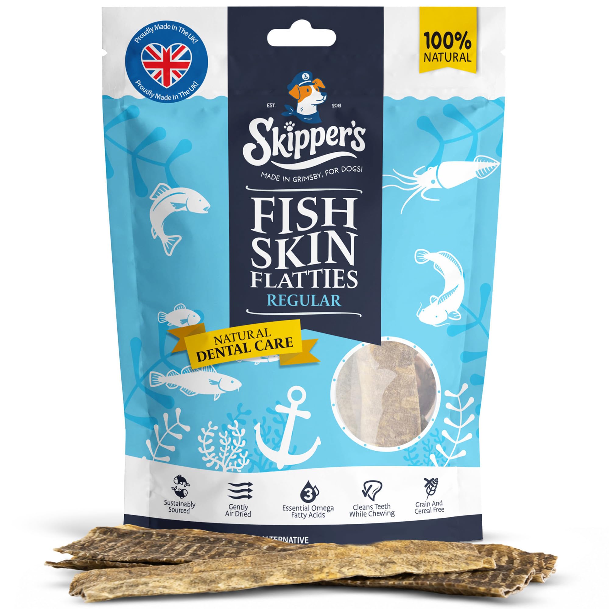 Skipper'S Fish Skin Flatties Dog Chews,Regular 200g Air-Dried, High Protein | Handmade, 100% fish skin, long-lasting chew, low fat, supports skin health, natural ingredients