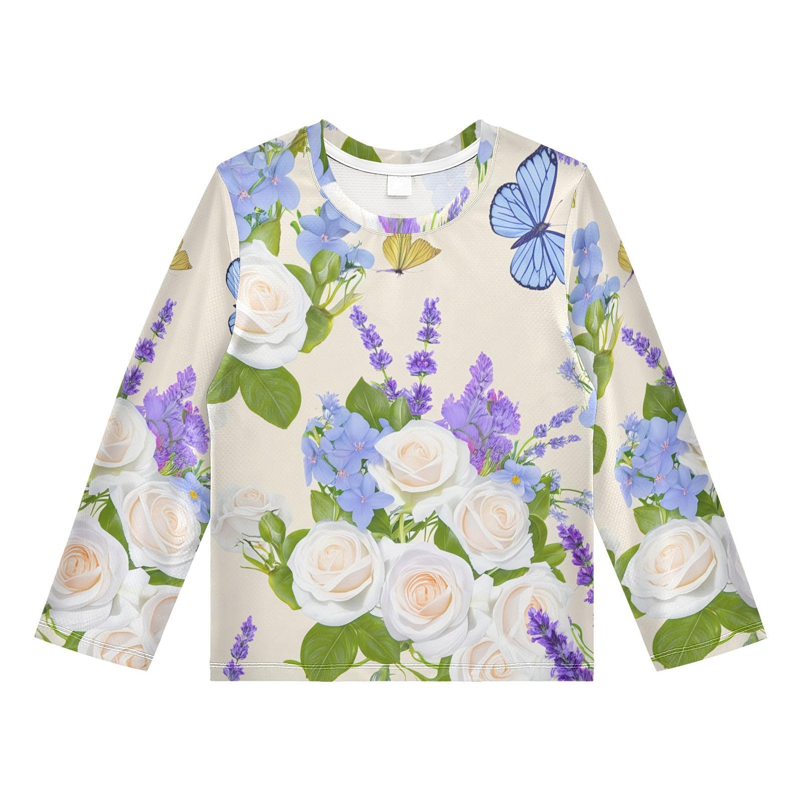 DOMIKING Butterfly Lavender Floral Beige Boys Long Sleeve Rashguard Shirt Kids Quick Dry Swim Shirt for Kids Toddler 11-12T