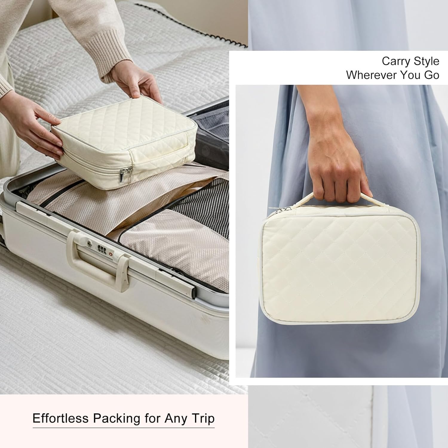 CEELGON Travel Jewelry Case Organizer and Storage Quilted Jewelry Pouch Box for Traveling Ring Necklace Earring Holder with Velvet Jewelry Binder Mini Portable Jewelry Bag (Beige)