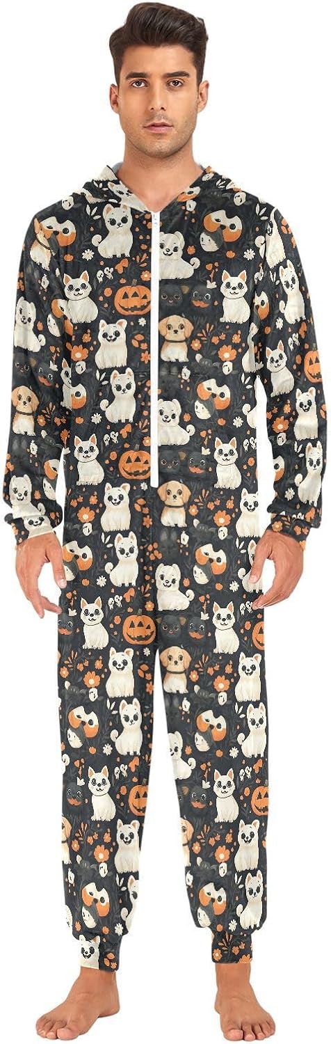 Halloween Pumpkin Black White Dog Zipper Hooded Adult Jumpsuit Pajamas with Pockets XS-3XL