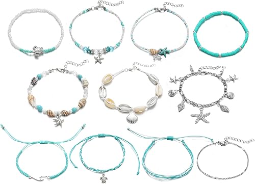 IFKM Tobilleras de playa de plata tejidas para mujeres y niñas, ajustables, hechas a mano, juego de pulseras de tobillo con cuentas de estrella de