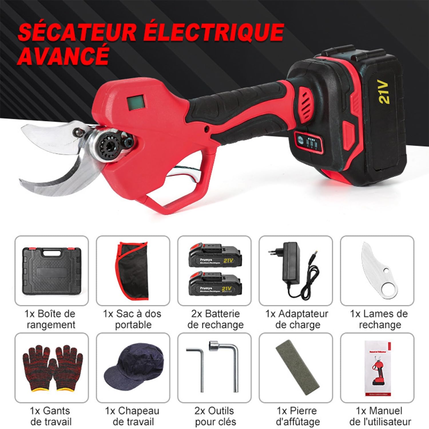 Tijeras de Podar Electricas, 50 mm Tijeras de Podar Bateria, Tijeras de Podar con 2x Baterias, LCD Display, 1000W Motor Brushless, Podadora Electrica Bateria para Árboles, Jardinería (50 mm)