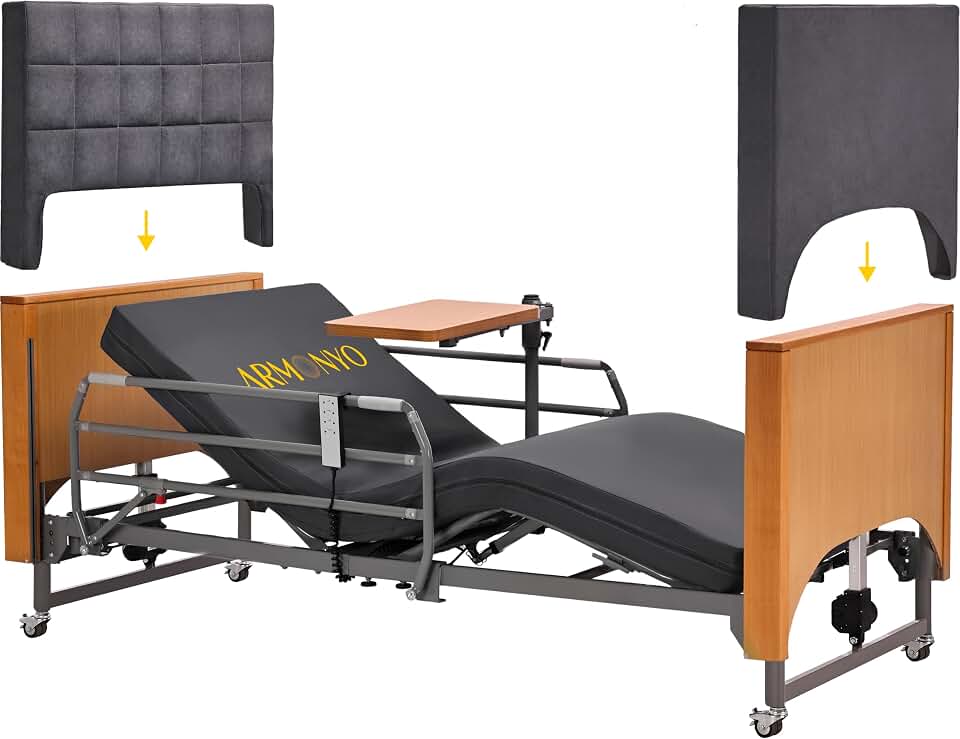 Electric Hospital Bed for Home Use – 5 Functions, Advanced German LIMOSS Motor, Double Solid Wood Panels with Upholstered Covers, Medical Overbed Table & Foldable Rails