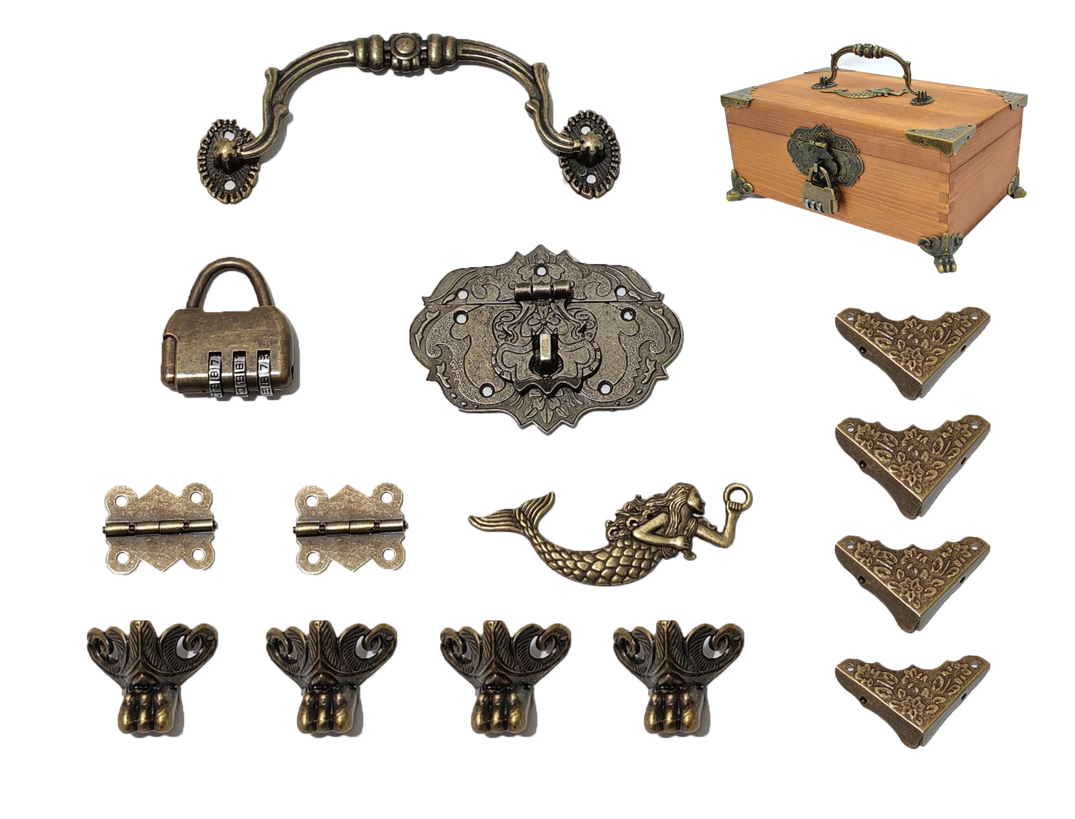 DAZIMOU Vintage Decorative Lock, Tower Buckle, Hinge & Box Corner Protector Jewelry Box Wooden Box Handmade Kit with Screws for DIY Jewelry Box Bronze, Box Not Included (4.92IN)