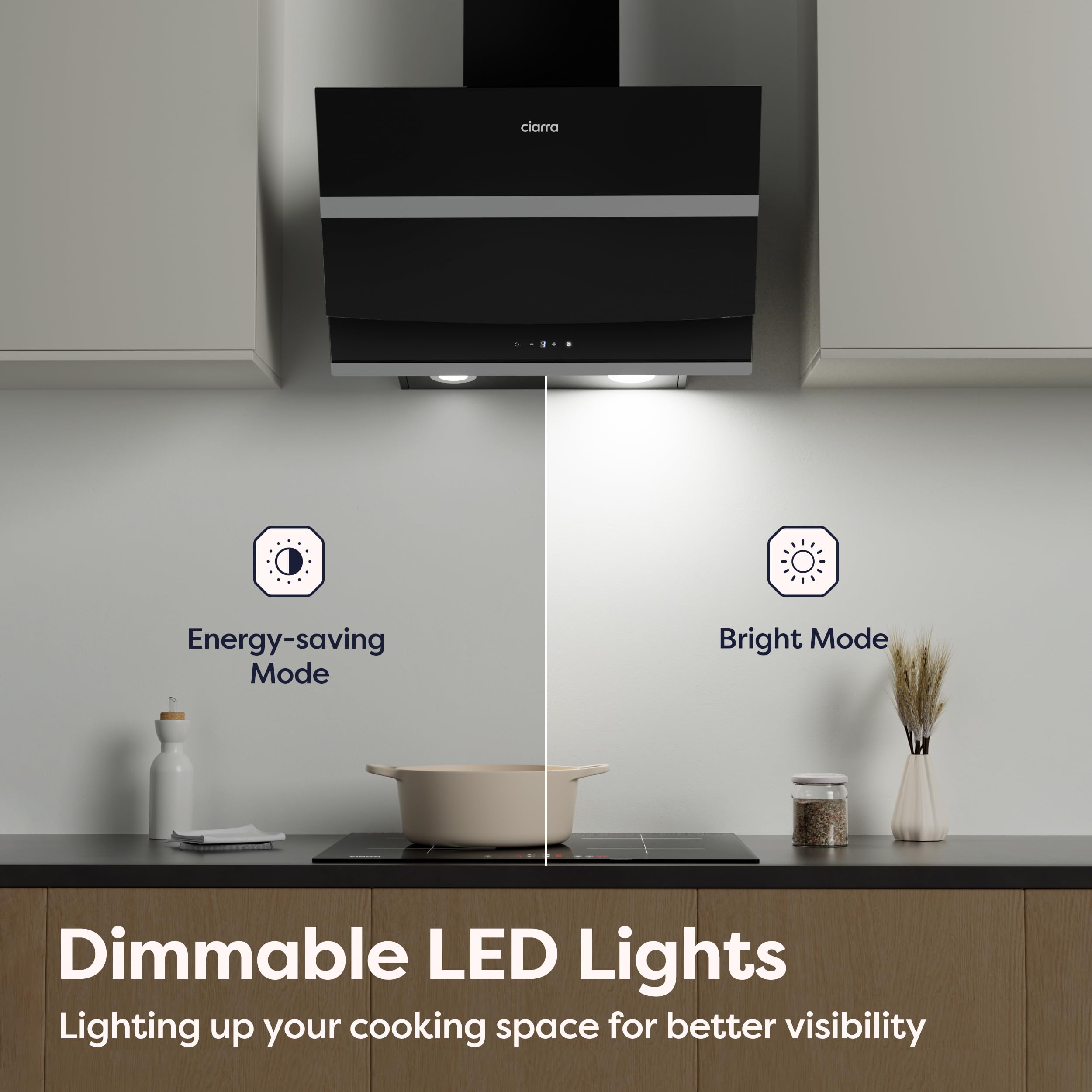 CIARRA Kopffreie Schräghaube Dunstabzugshaube 60 cm 650 m³/h Touch Control Dimmbar LED-Beleuchtung