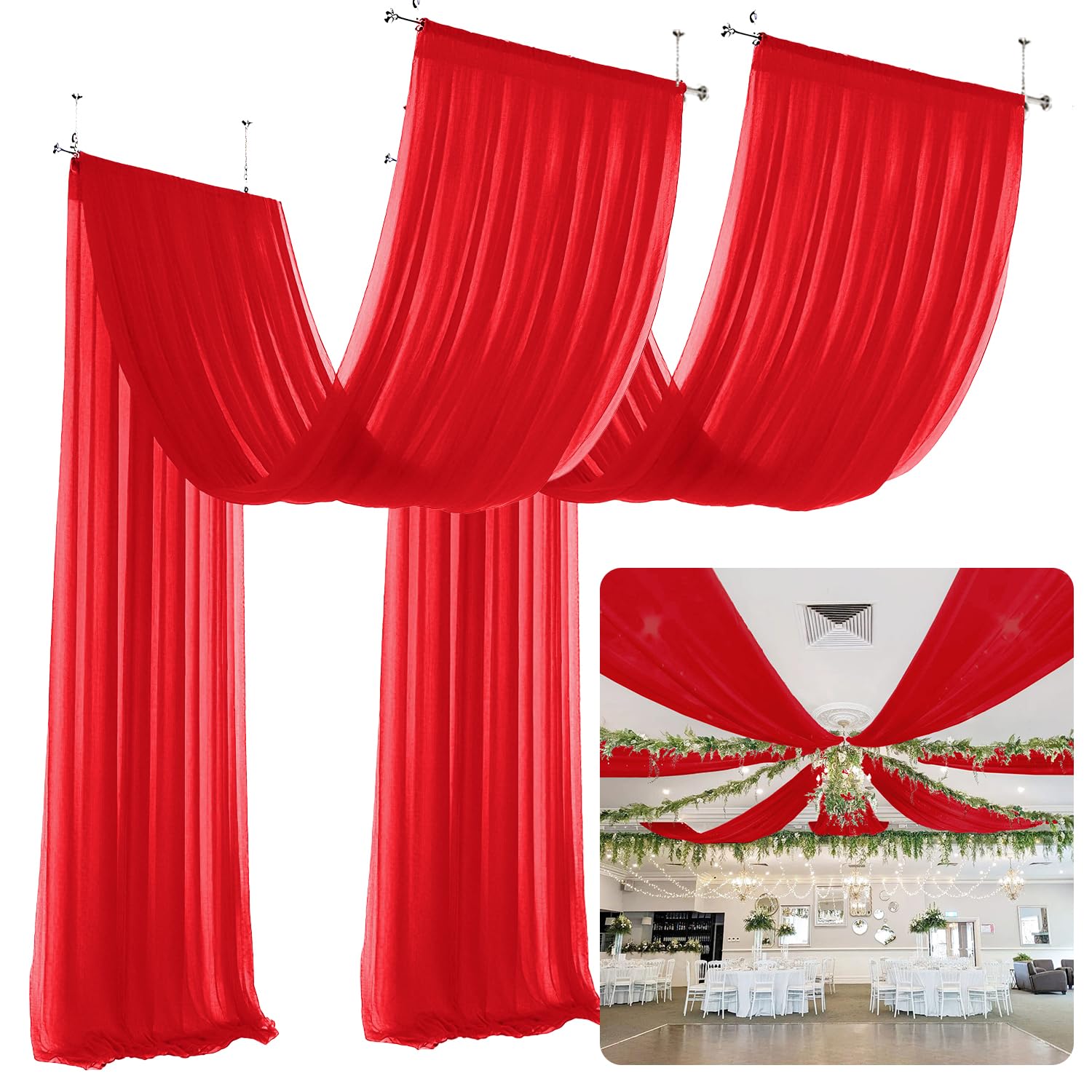 Rote Chiffon-Deckenvorhänge Für Hochzeiten – 2 Stück Je 1,5 X 6 M, Halbtransparent, Mit Stangentasche