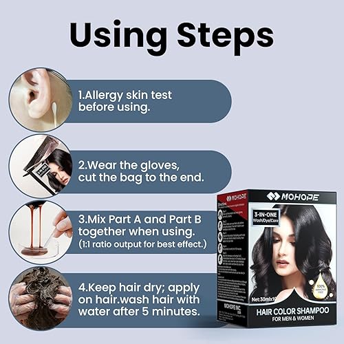 Miniatura 7 de MOHOPE Champú negro para cabello gris, 10 unidades, 10 unidades, revolucionario tinte instantáneo para el cabello, semipermanente, mágicamente, solo