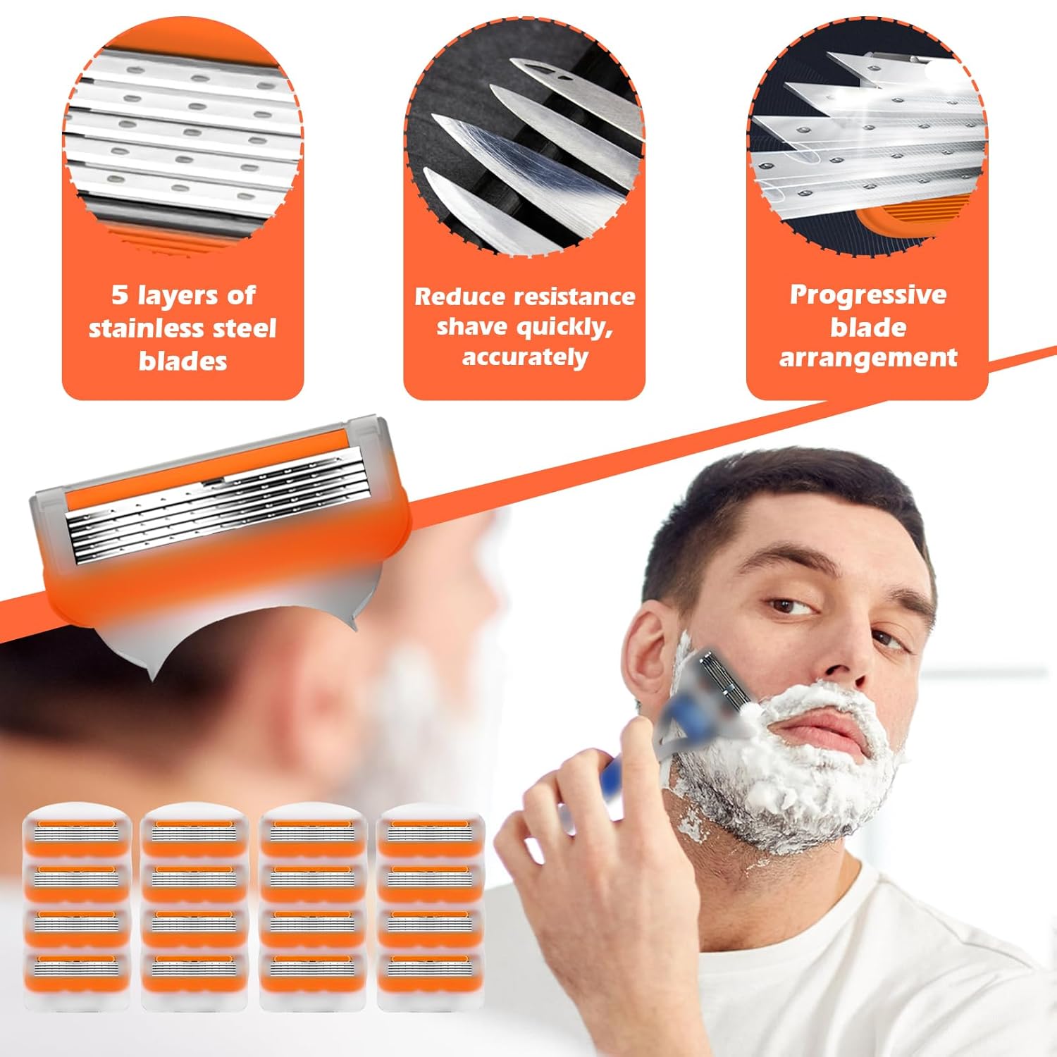 16 Pack Razor Blade Shaving Razor Blade Refills for Fusion 5, Shaving Blades for Men- Orange New Versio