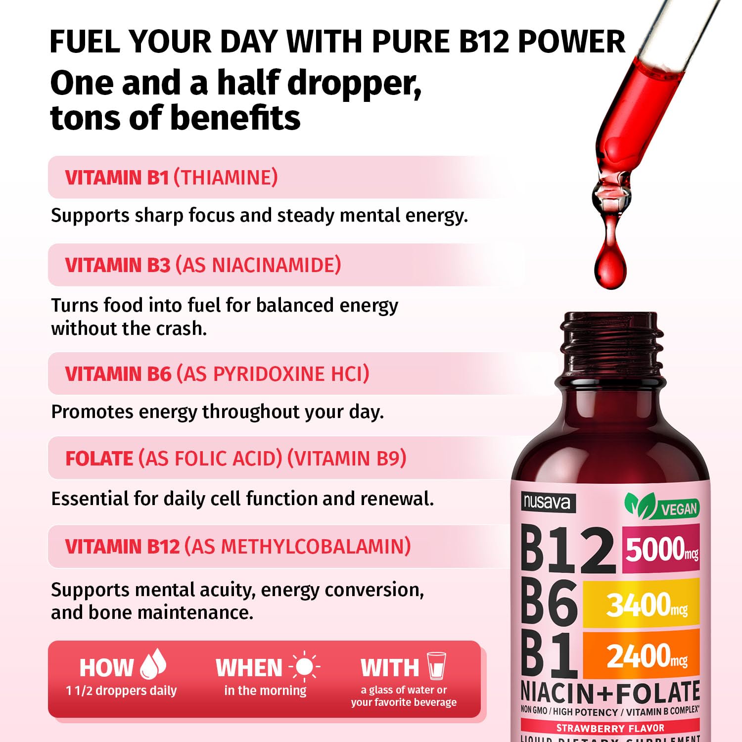 NUSAVA Vitamin B12 5000mcg with B6 & B1 Liquid Drops, Strawberry, Pack of 2 — Amazon image 3