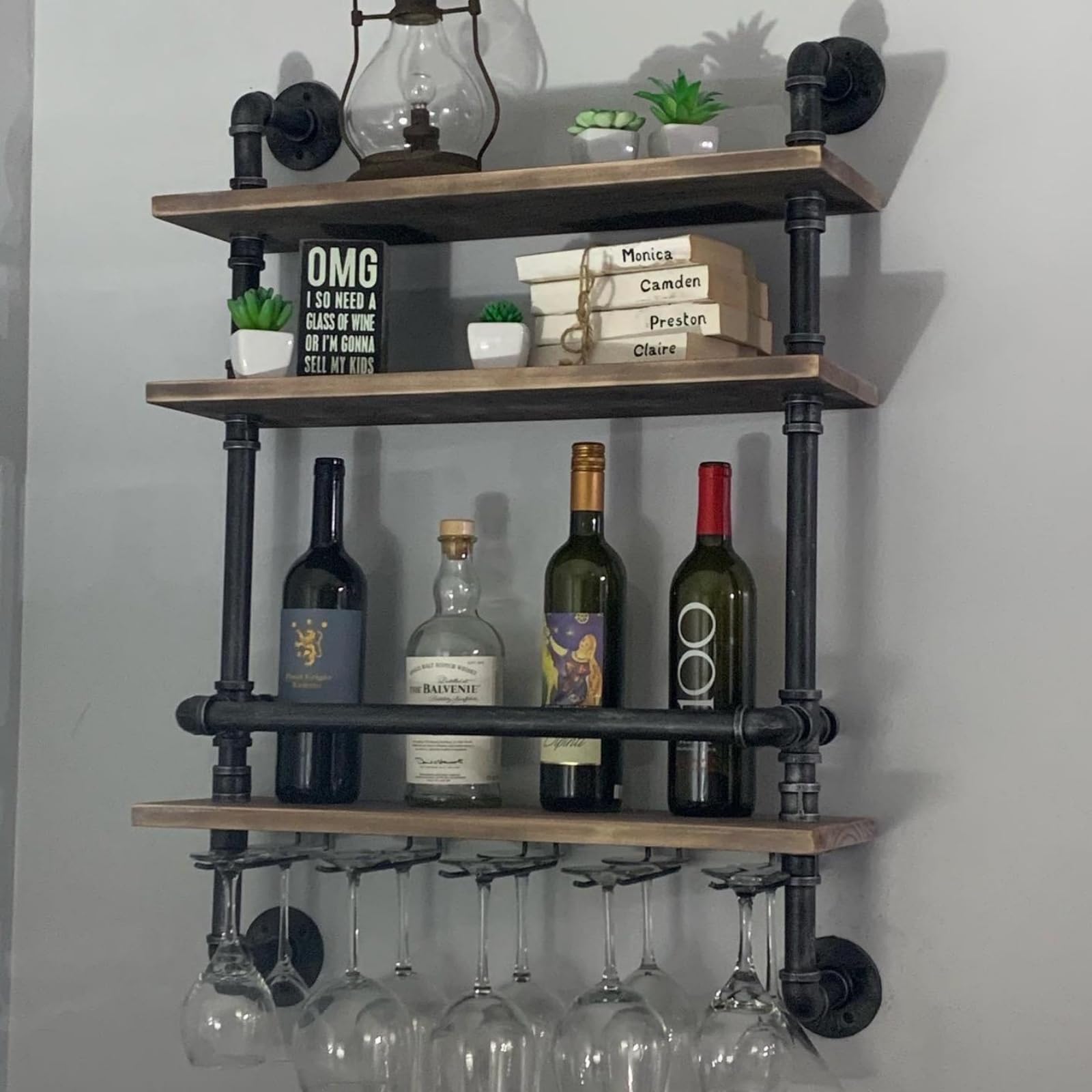 OLDRAINBOW Industrial Pipe Shelf Wine Rack Wall Mounted with 5 Stem Glass Holder,24in Wood Shelves Wall Shelf,Floating Bar Shelves Wine Glass Rack