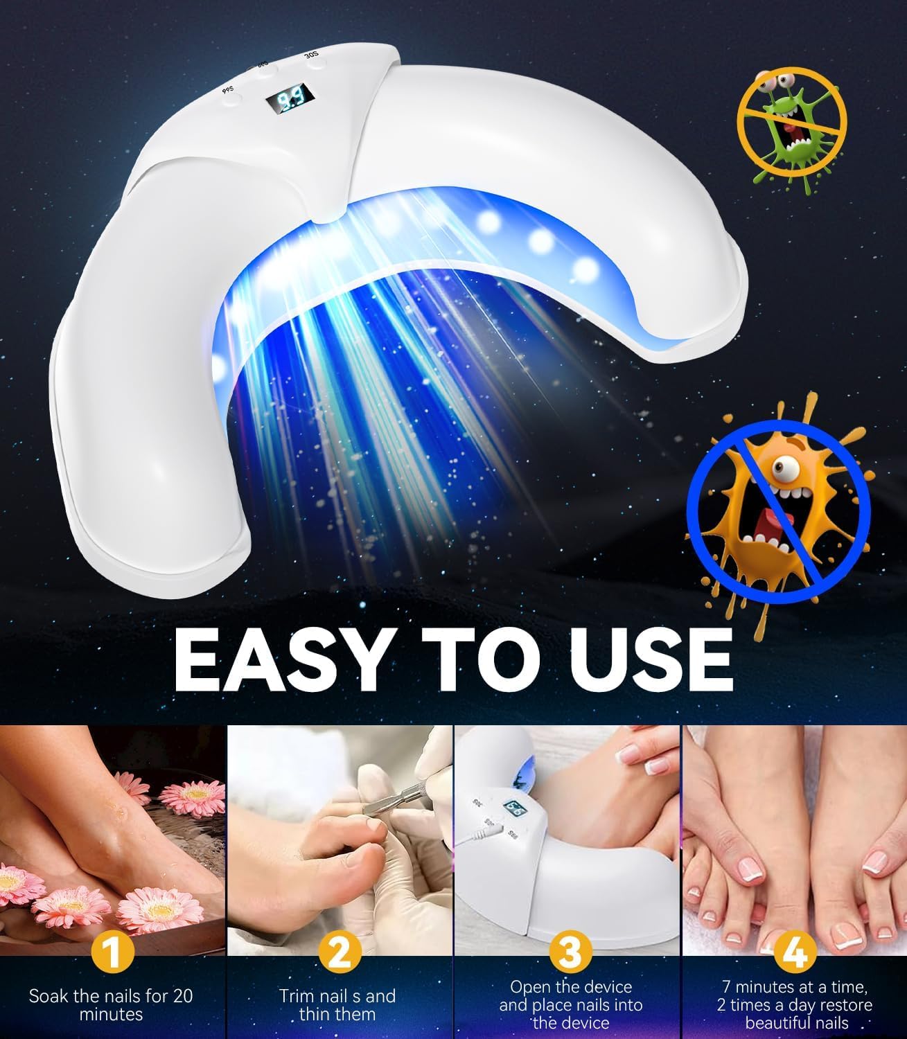Nagelpilz Lasergerät 【21-Tage schnell】【905nm Rottlicht-Technologie】Nagelpilz Testsieger mit Timer (30s/60s/99s) Für Finger & Zehen Blau