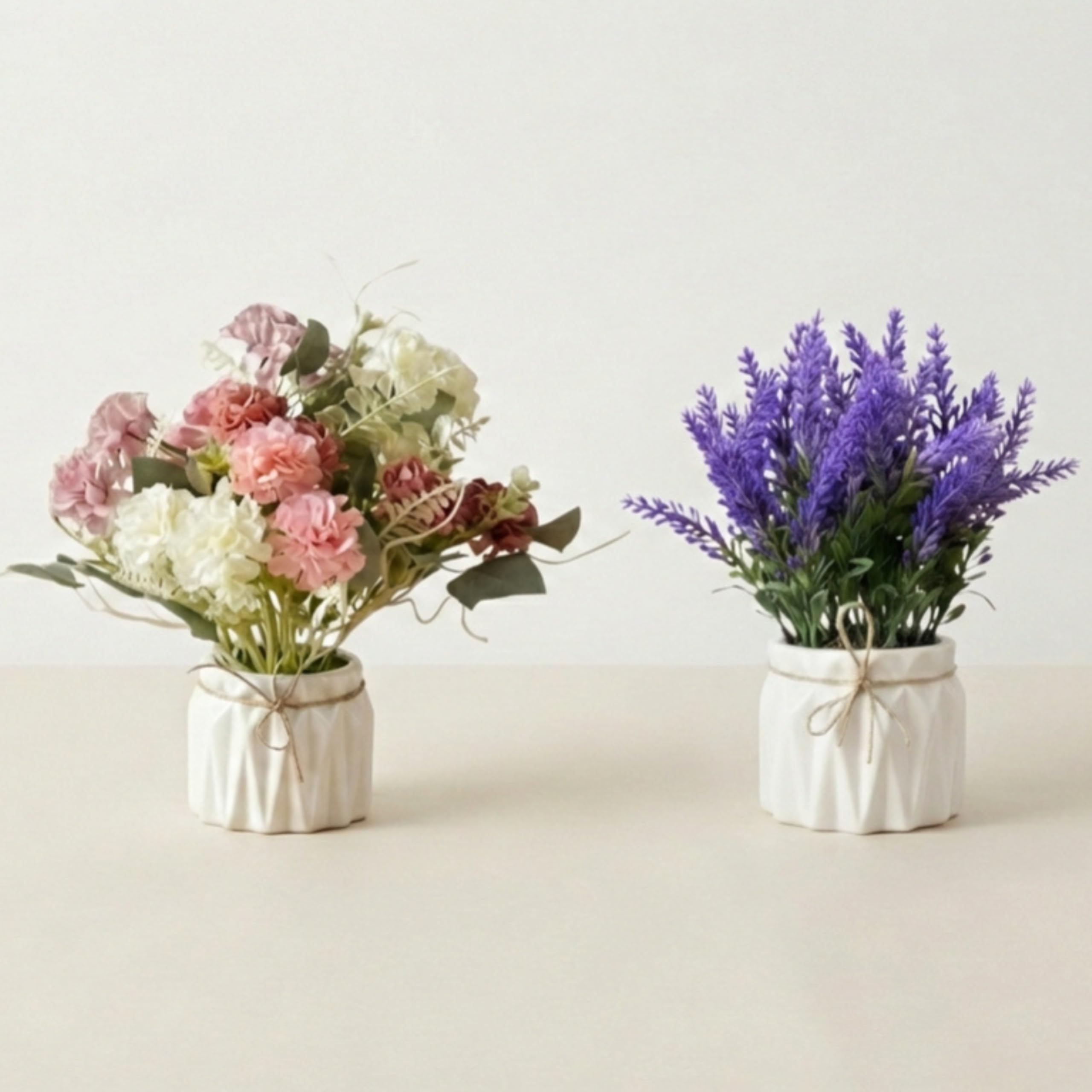Dekorly Artificial Lavender Plant in White Pot, 18cm – Realistic Faux Flower Arrangement for Home & Office Décor (Set of 1) (1, Combo of Lavender and Chrysanthemum Flower vase)