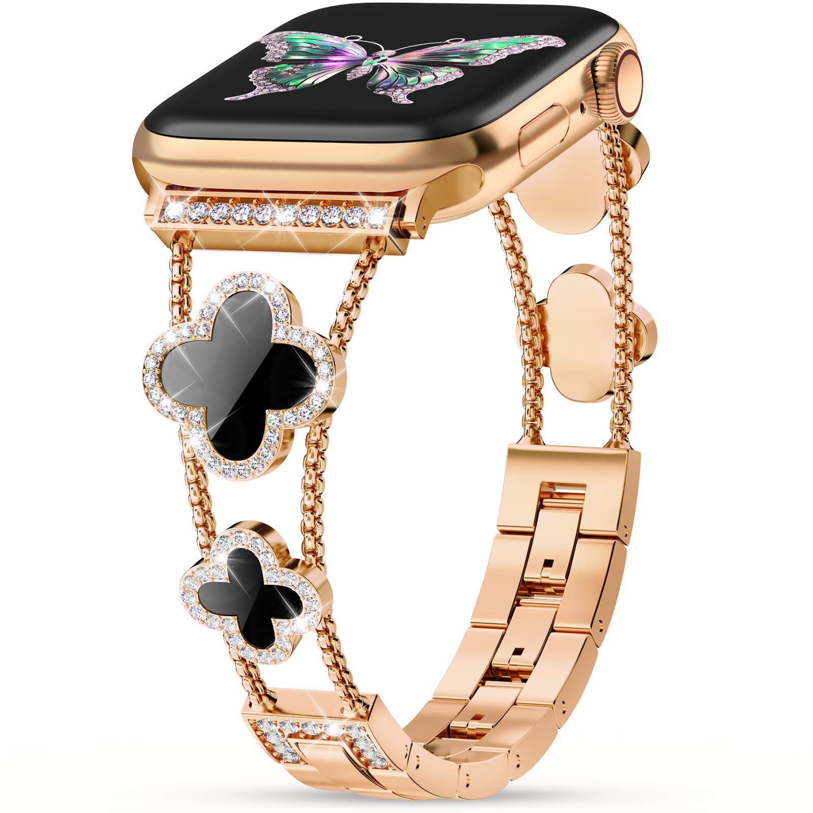 Cute Clover Band Compatible with Apple Watch Bands for Women 40mm 41mm 38mm Series 10 9 Ultra SE 8 7 6 5 4 3 2 1, Luxury Sparkle Diamond Replacement Bracelet Wristband for iWatch