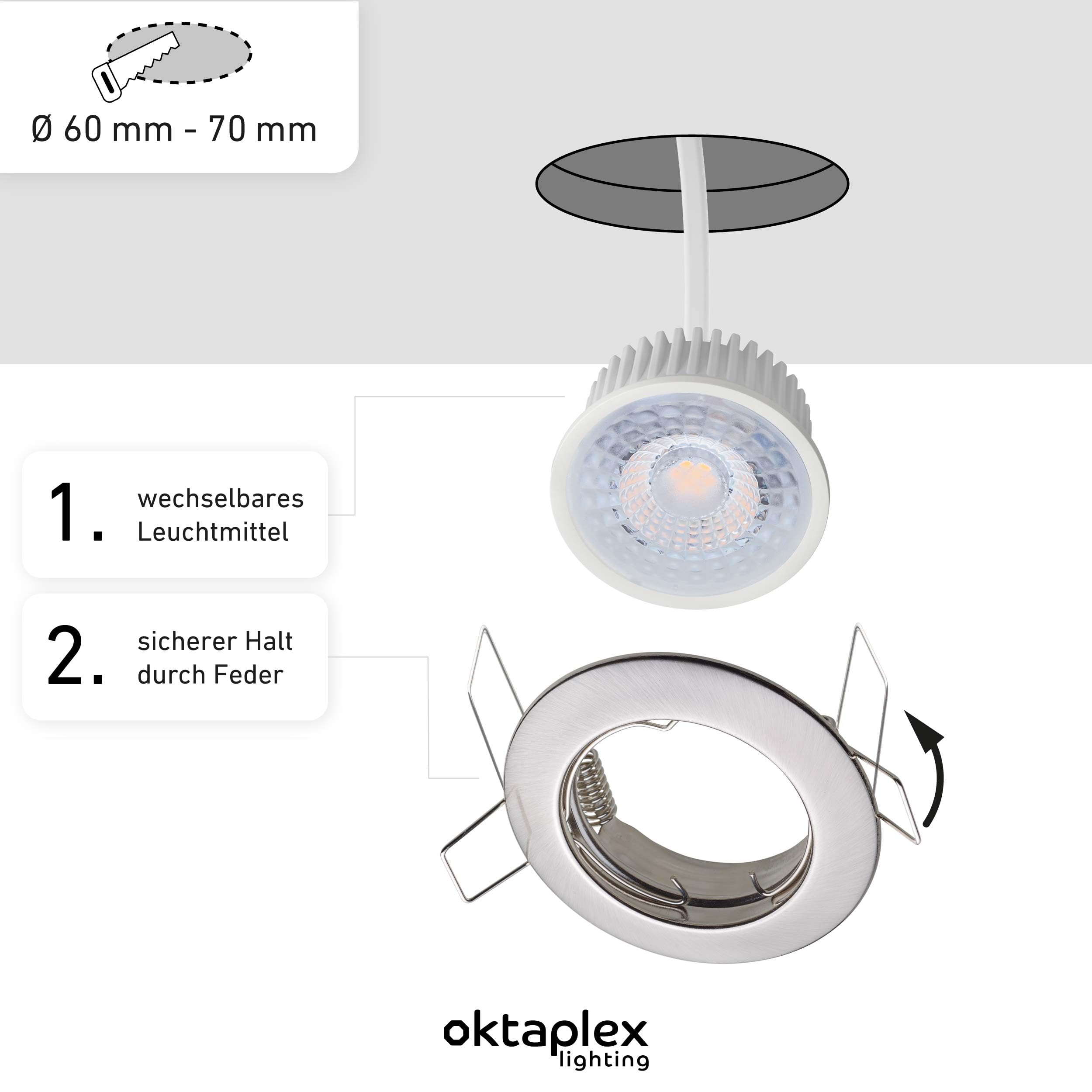 Oktaplex 9er Set Sedan Einbauspot 230V LED Spot 22mm Einbautiefe flach | Warmweiß 3000K, Lochmaß 60mm, 4,8W, 380lm, 110° Einbaustrahler Edelstahl gebürstet rund