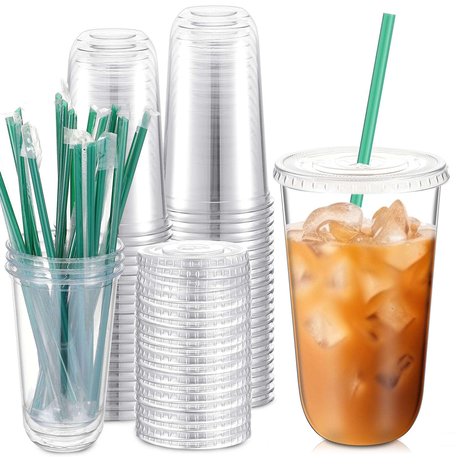 Baderke 25 Set Plastic Cups with Lids and Straws, Disposable Plastic Iced Coffee Cup for Cold Beverage Juice Smoothie Crystal for Coffee Shops Party