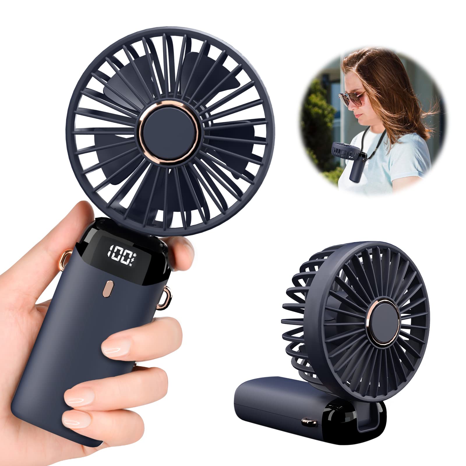 Diffy Homy Portable Handheld Personal Rechargeable Fan LED Digital Display 90°Adjustable 4000mAh Rechargeable Fan 9-16 Hour, 5 Speed Wind Mini Aromatherapy Fan for Office Room Table Outdoor Traval