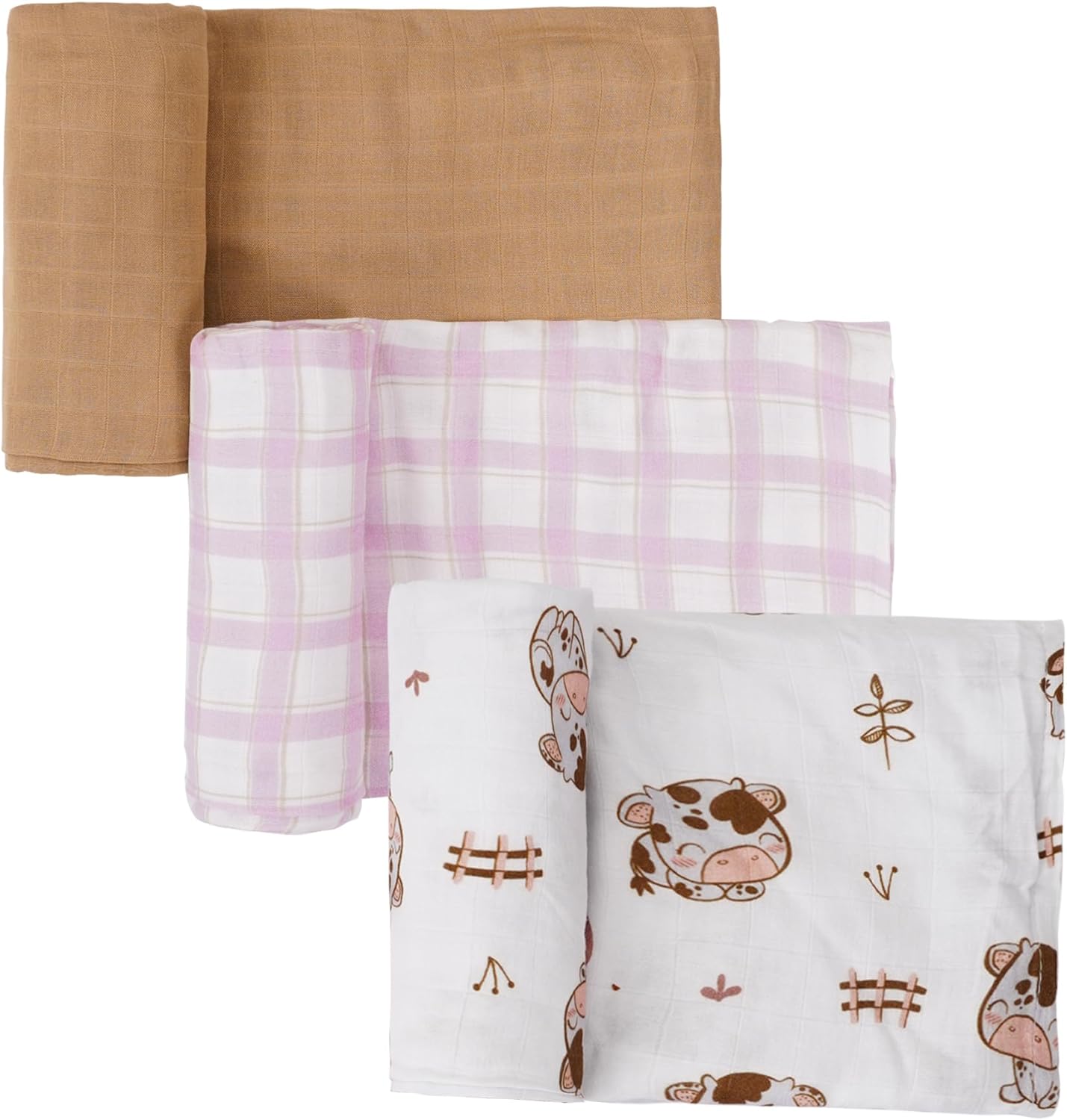 Forever Nook- Muslin Swaddle Blankets, 3- Pack, Cow Blanket + Pink Plaid Large Receiving Blankets 47" x 43", 70% Viscose Made from Bamboo, 30% Cotton, Muslin Swaddles Wraps idea