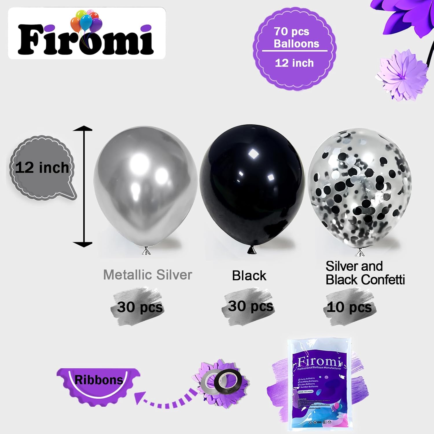 Firomi Metallic Chrome Silver Black Latex Balloons 12 inch 70 Pack Black and Silver Confetti Balloons Set for Birthday Wedding Party New Year (with 2 Ribbons) - Image 2
